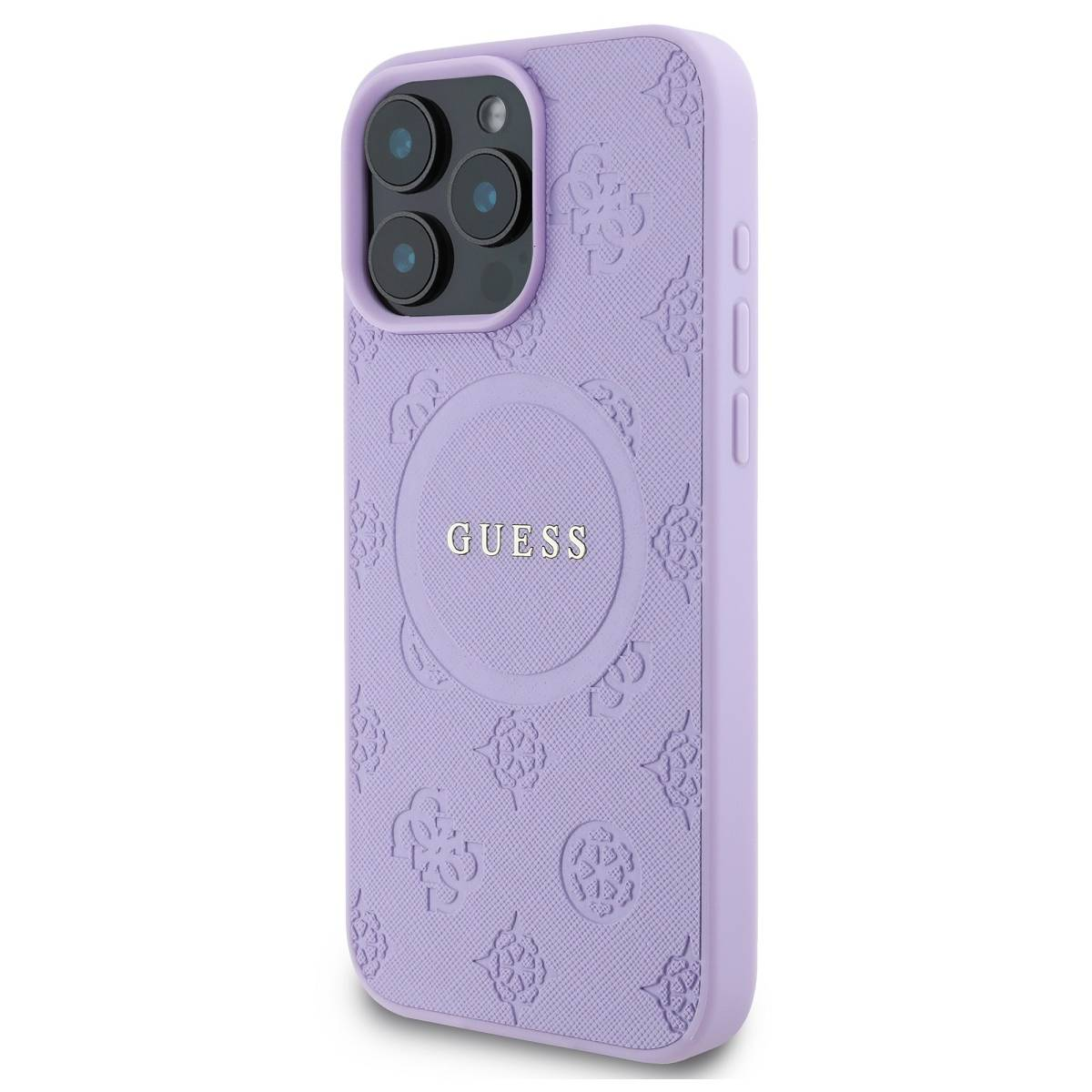Custodia Guess lilla con un telefono all'interno e un ritaglio per la fotocamera.