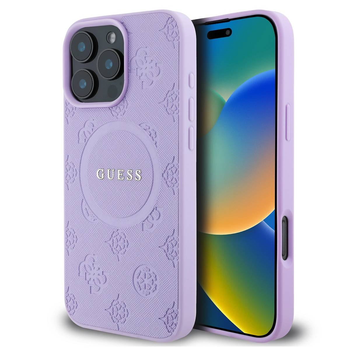 Custodia lilla con logo in rilievo e telefono. La custodia è del marchio Guess.