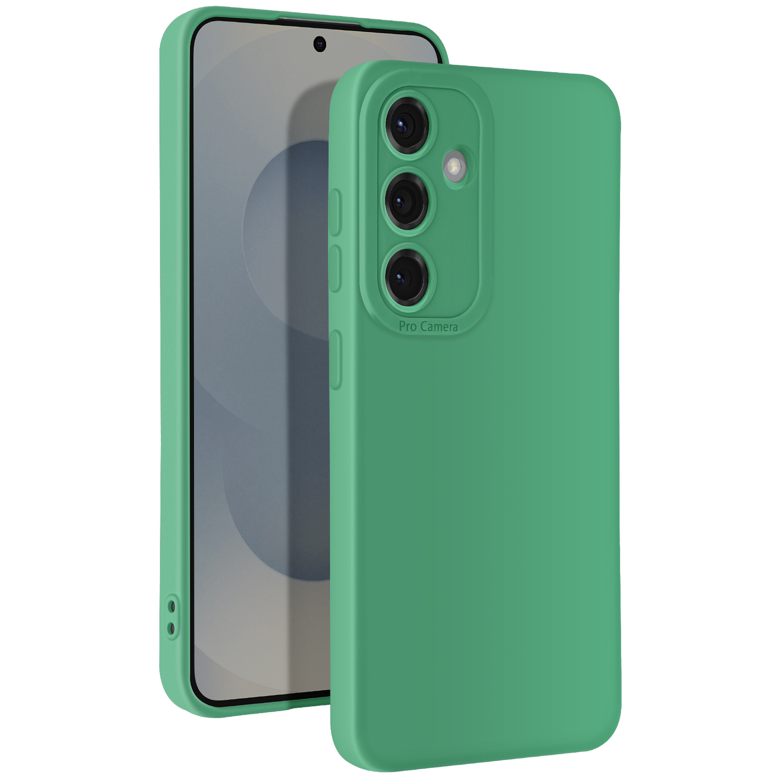 Custodia verde con un telefono all'interno e le parole 'Pro Camera' visibili.