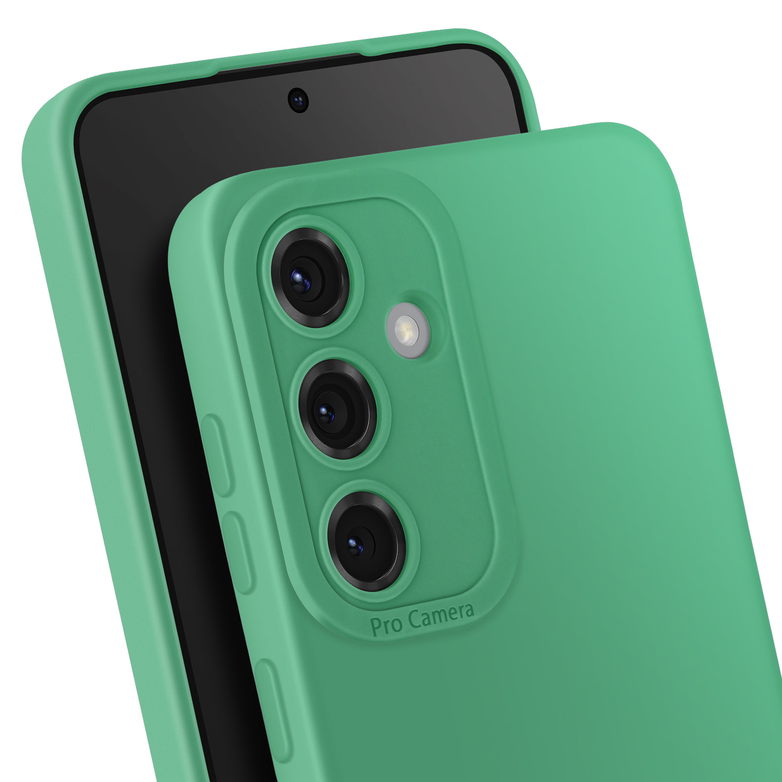 Primo piano di una custodia verde con telefono. L'etichetta 'Pro Camera' è visibile.