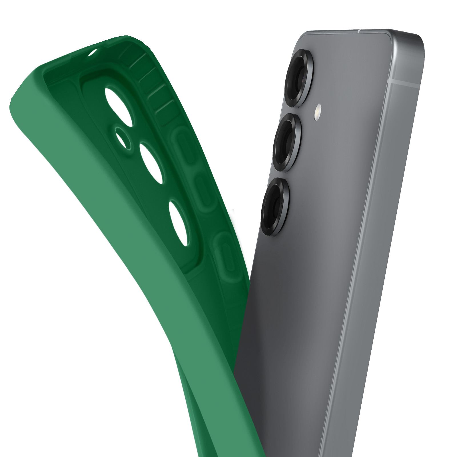 Custodia verde con fori per fotocamera. Telefono grigio parzialmente visibile.