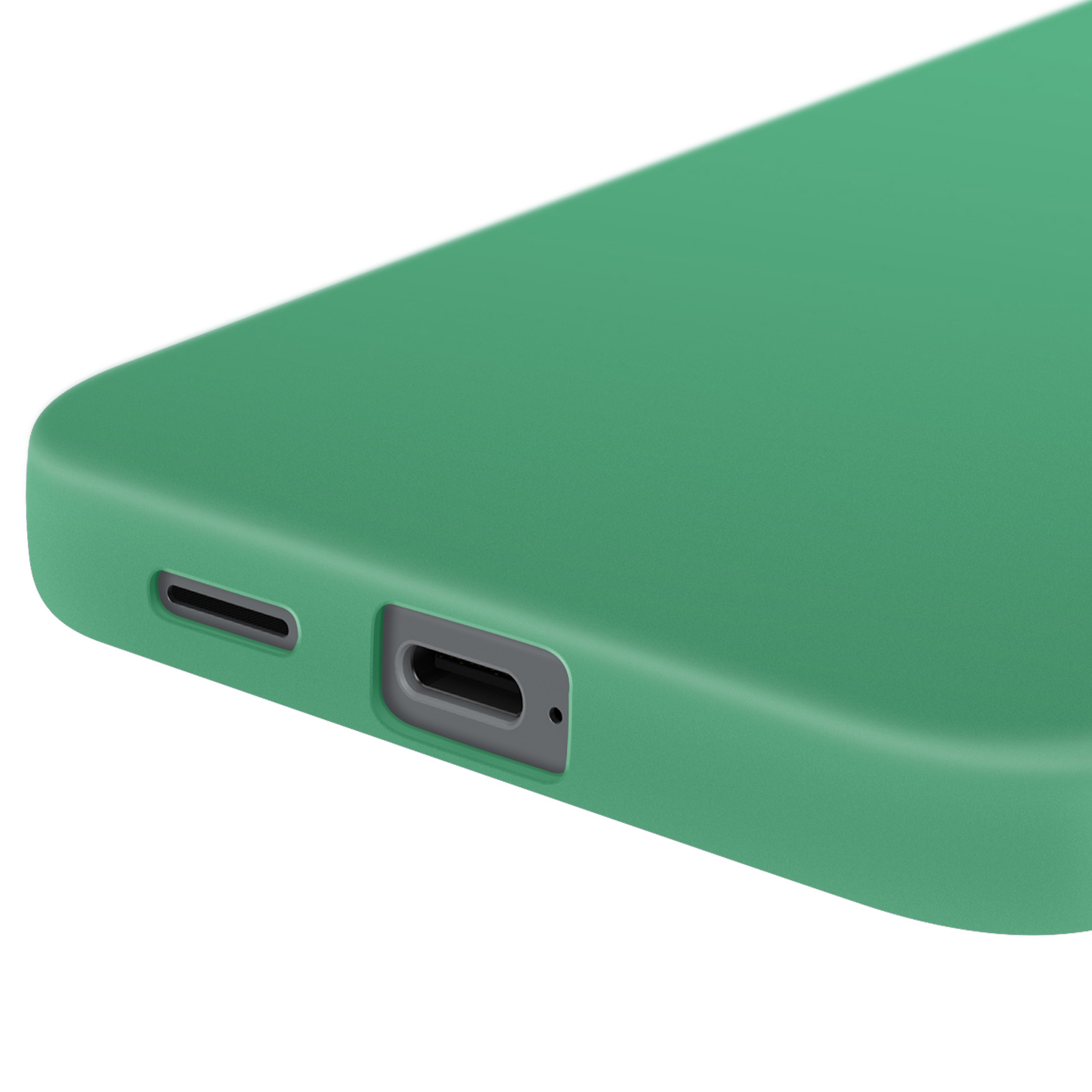 Primo piano dell'angolo di una custodia verde con porta di ricarica e intaglio per altoparlante.