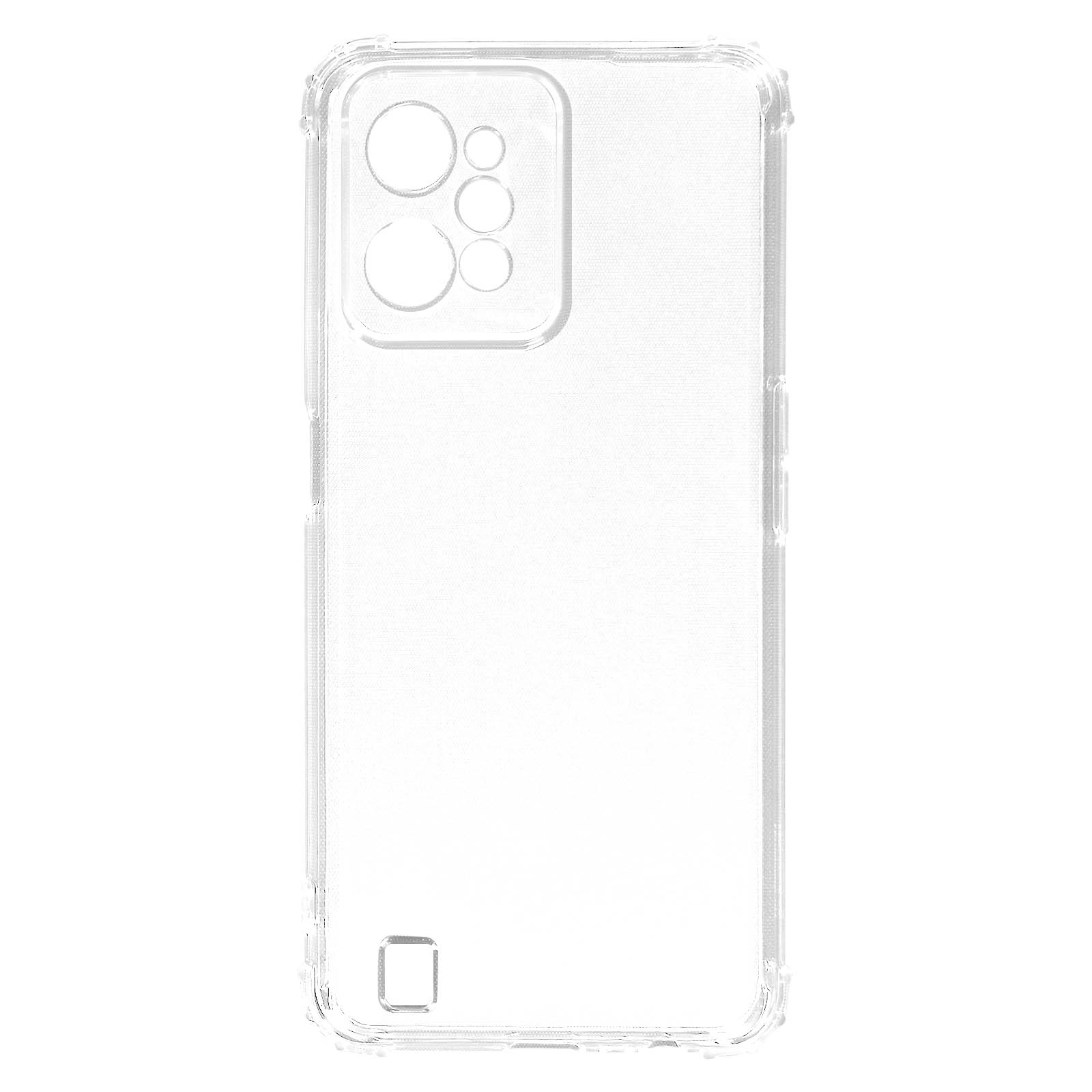Custodia trasparente con ritagli per fotocamera e porta di ricarica, sfondo bianco.