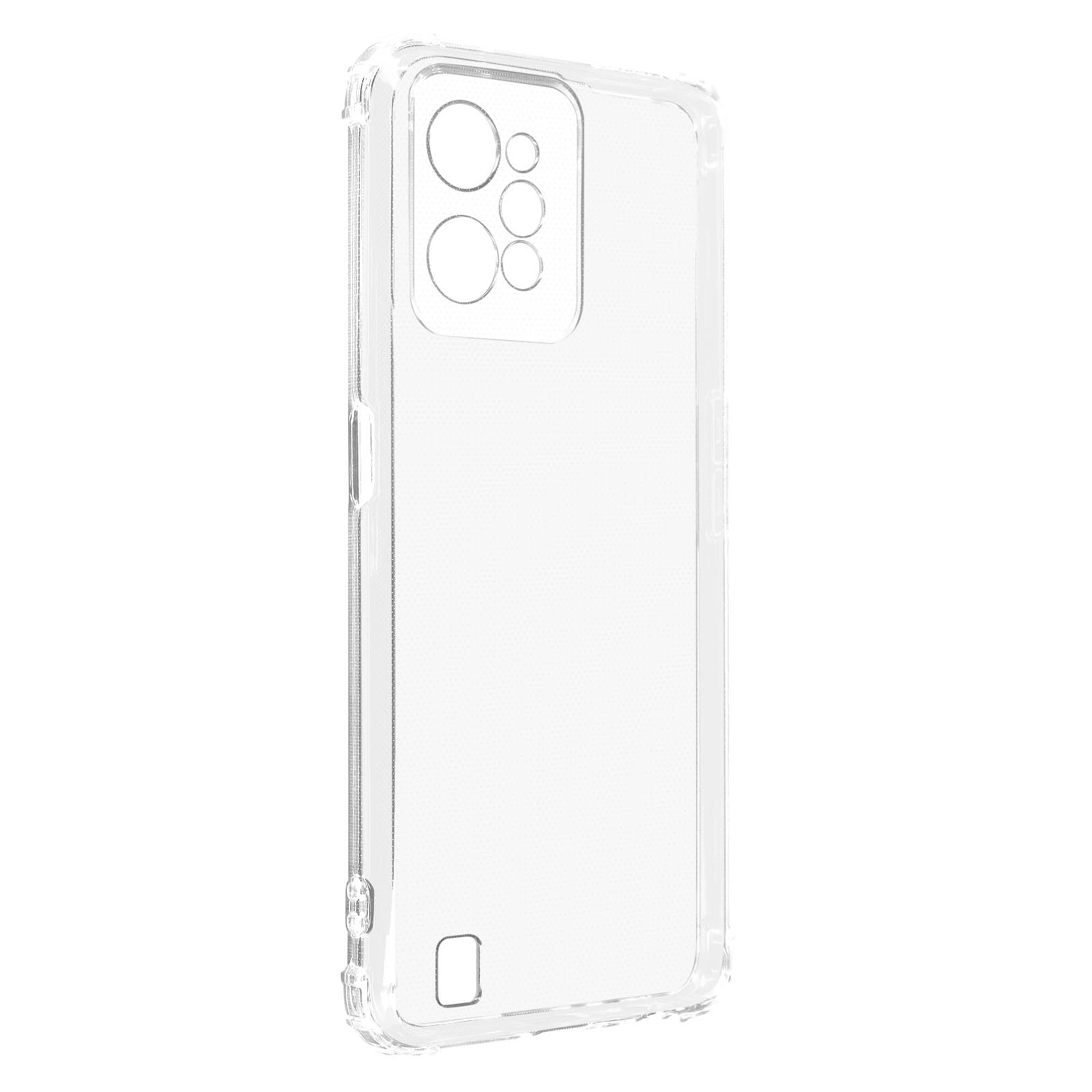 Custodia trasparente, ritagli per fotocamera, sfondo bianco, vista laterale, plastica trasparente.