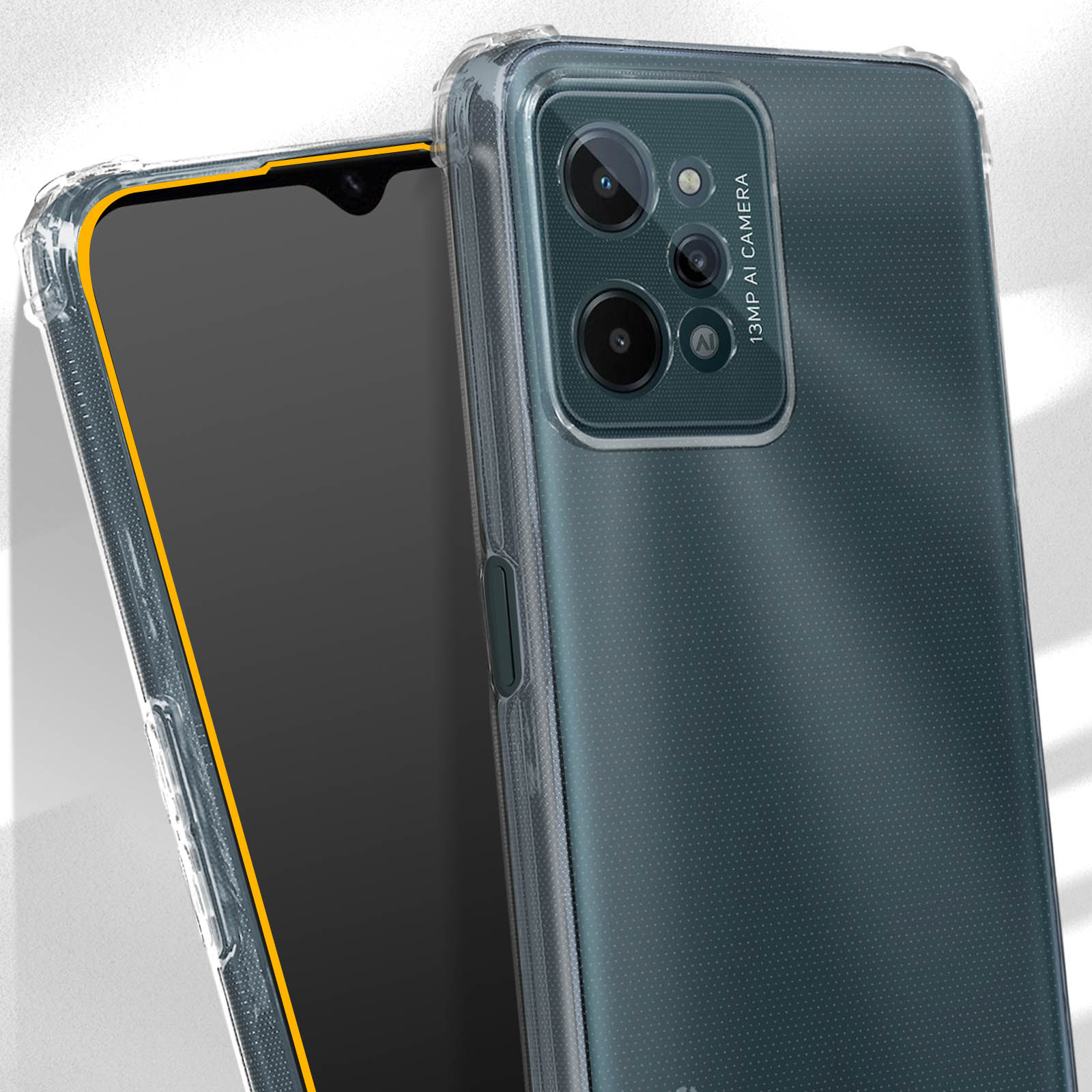 Primo piano di un telefono con una custodia trasparente. Il telefono ha un bordo giallo.