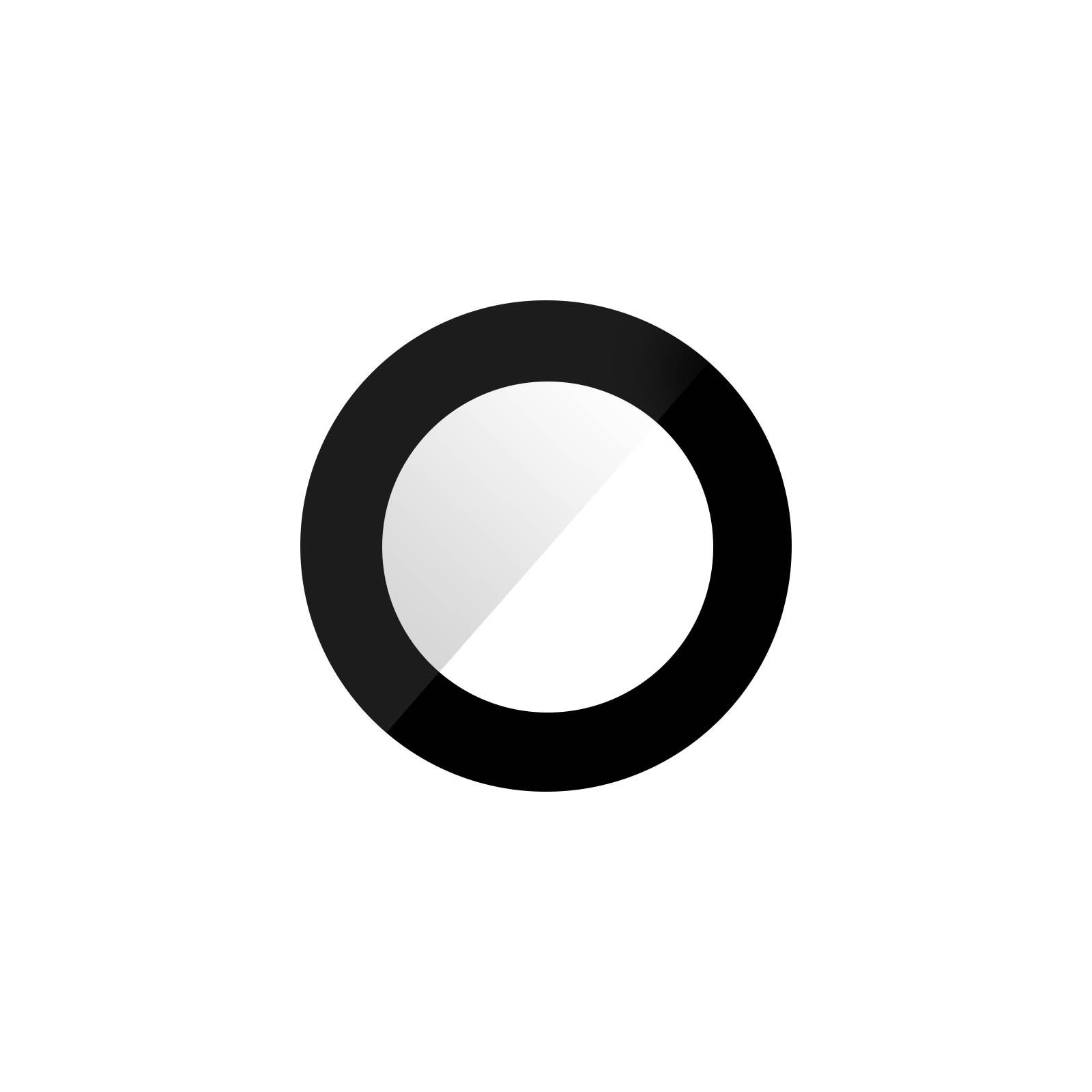 Cerchio bianco e nero, anello esterno nero, centro bianco, isolato su bianco.