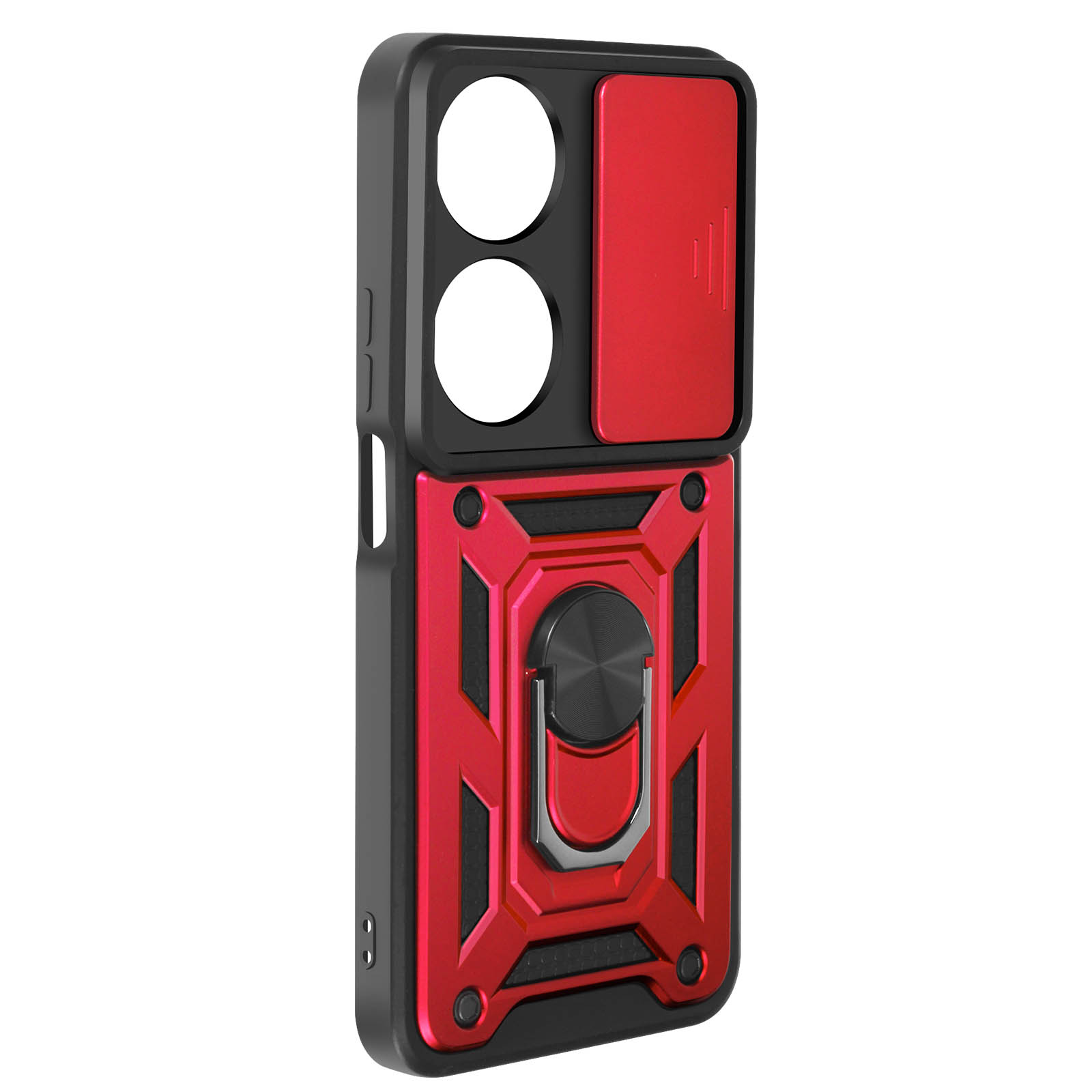 Rote und schwarze Handyhülle mit Ringhalter und Kameraabdeckung. Schwarzer Hintergrund.