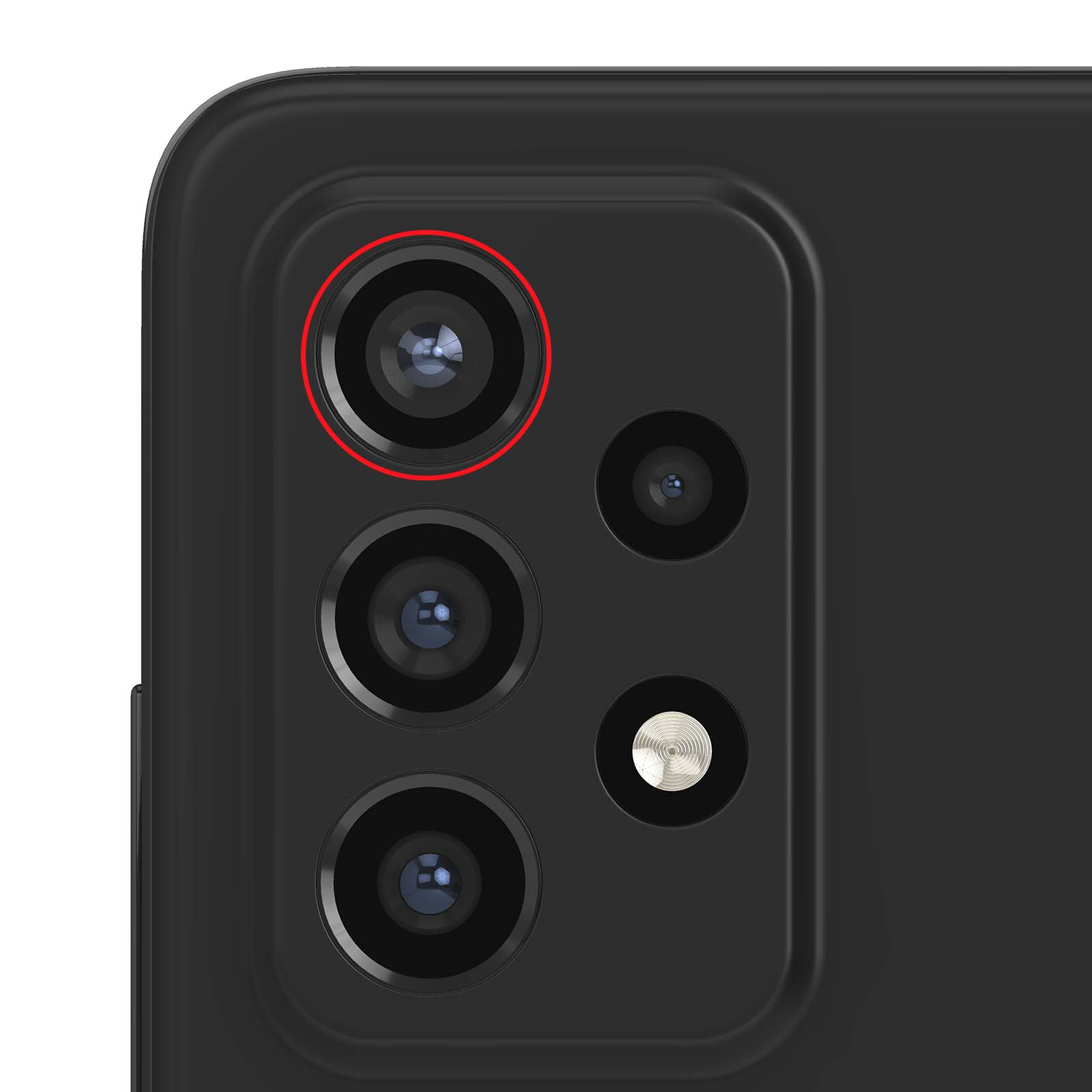 Primo piano delle lenti della fotocamera del telefono, con un cerchio rosso attorno.
