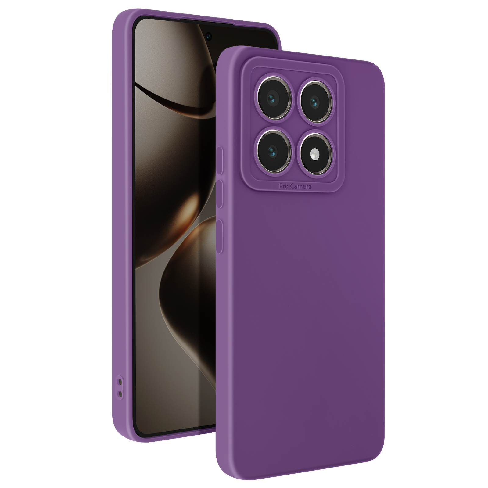 Custodia per telefono viola con quattro fotocamere. Il telefono è su sfondo bianco.