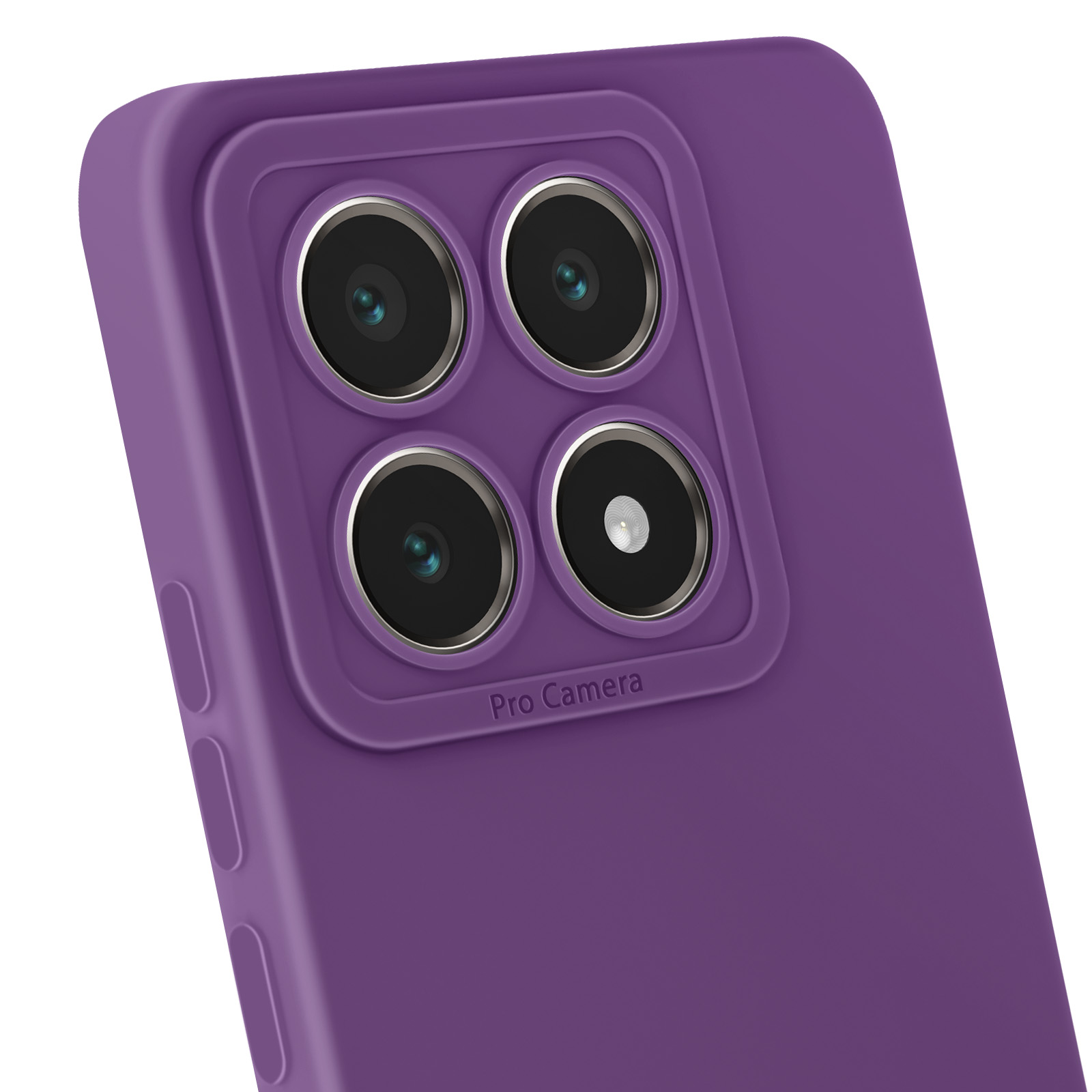 Custodia per telefono viola con quattro fotocamere e le parole "Pro Camera". Primo piano.