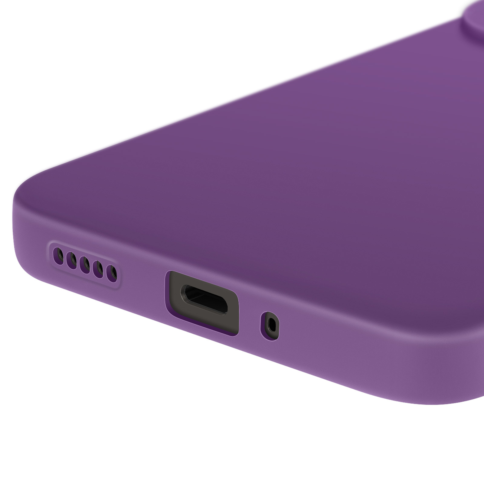 Custodia viola per telefono che mostra la parte inferiore con porta di ricarica e fori per altoparlanti.