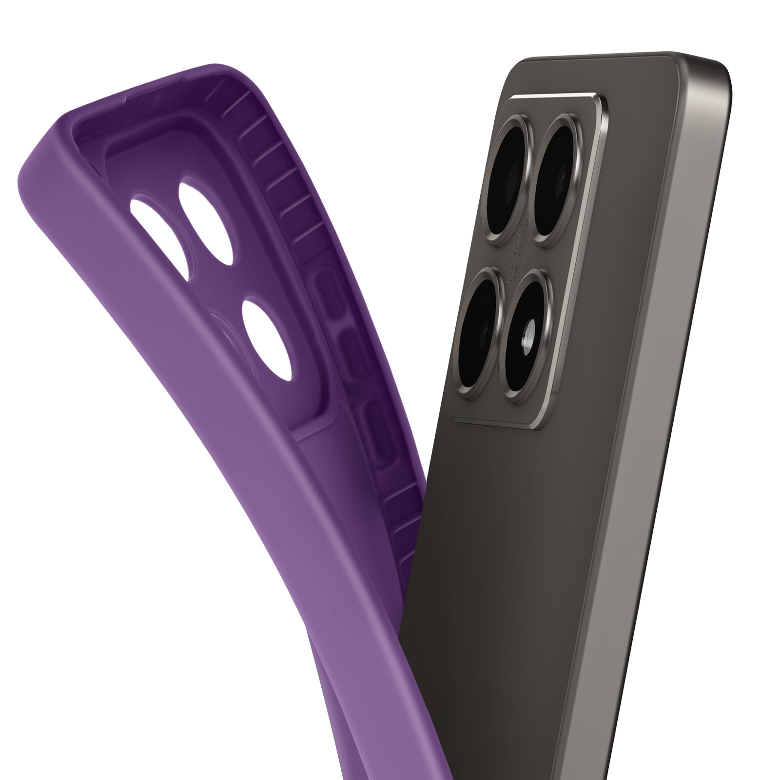 Custodia per telefono viola smontata. Il telefono ha quattro fotocamere. Sfondo grigio.