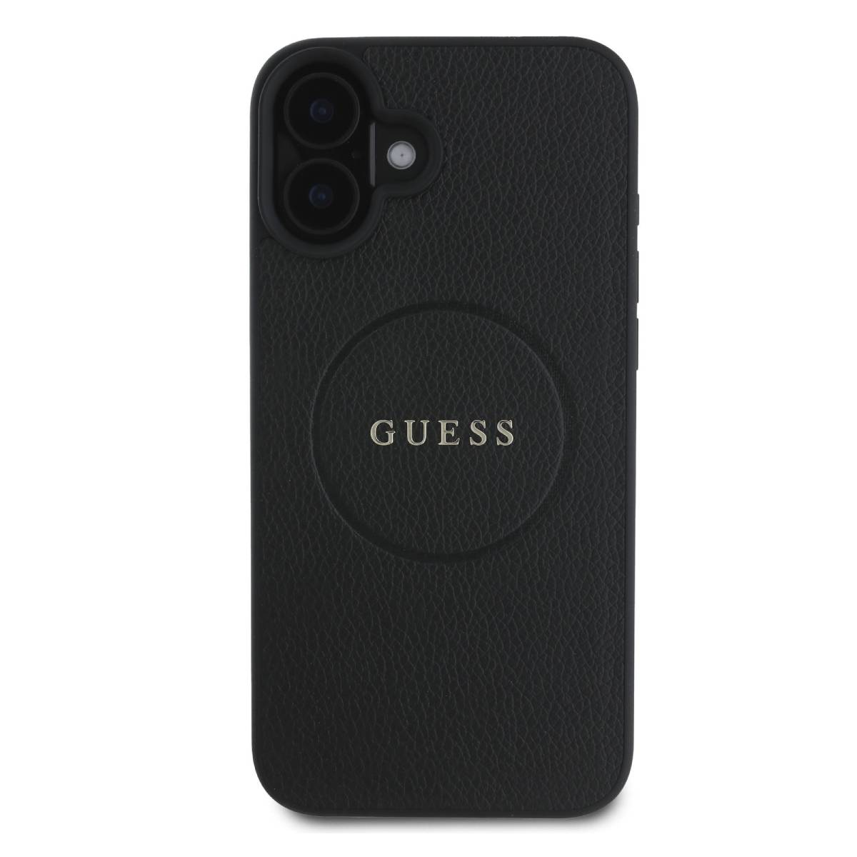 Custodia nera per telefono con logo GUESS e rientranza circolare.