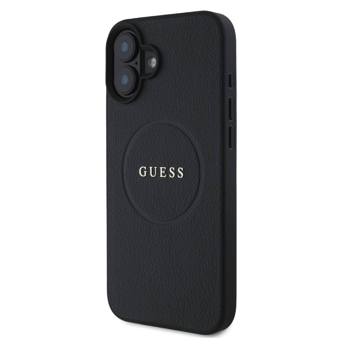 Custodia per telefono nera con logo GUESS e due fotocamere. Sfondo bianco.