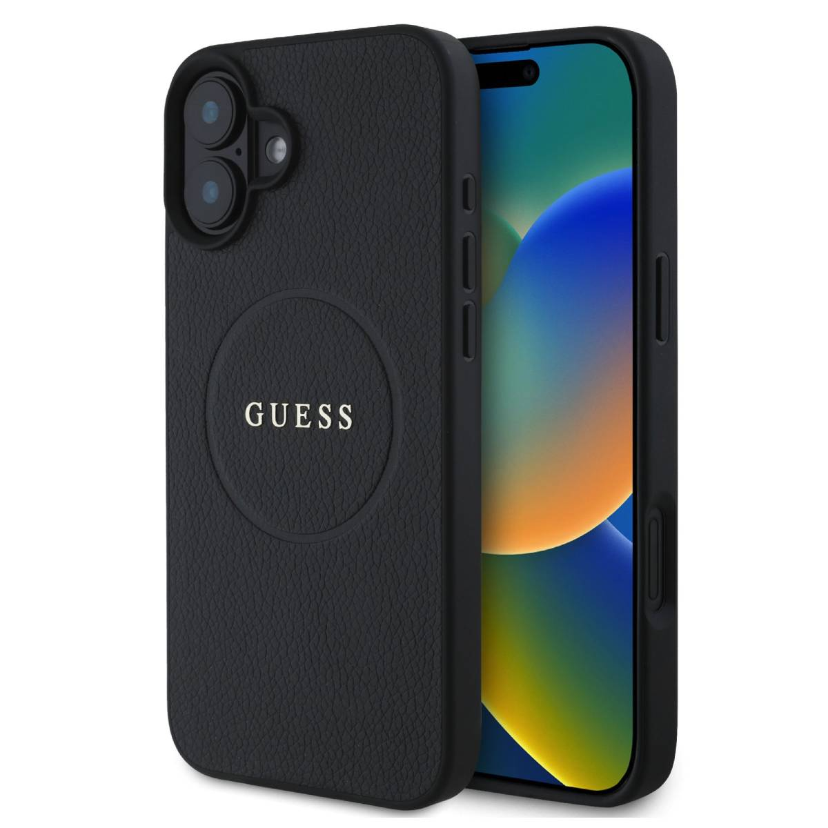 Custodia per telefono nera con logo GUESS e due fotocamere. Sfondo bianco.