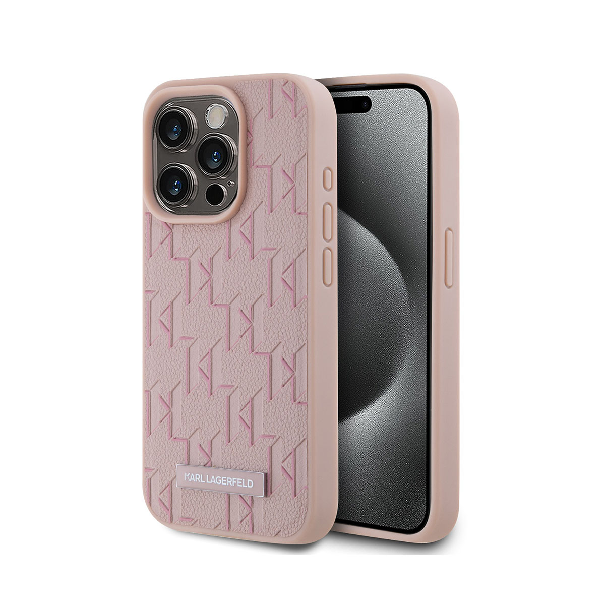 Custodia rosa con motivo rosa e logo KARL LAGERFELD.