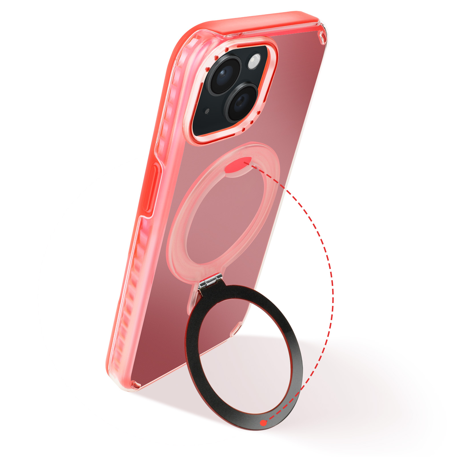 Custodia trasparente rossa con supporto ad anello magnetico. Sfondo bianco con linea tratteggiata.