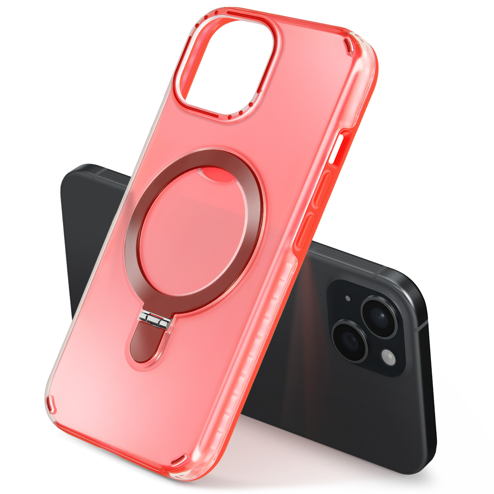 Custodia trasparente rossa con anello MagSafe, telefono nero visibile dietro. Sfondo bianco.