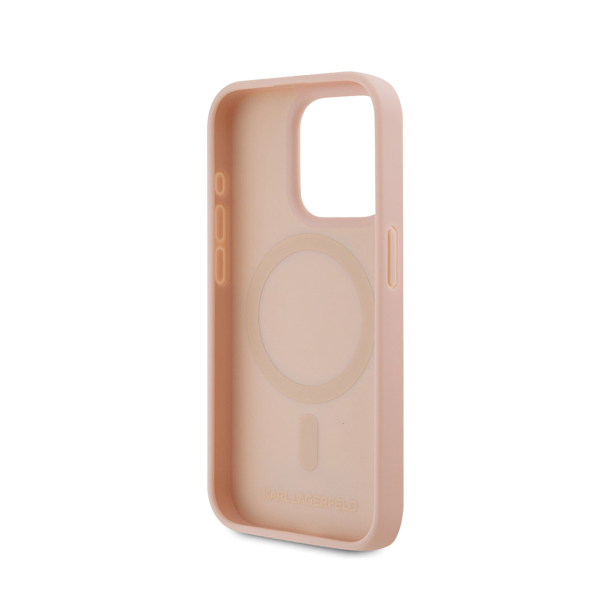 Custodia rosa chiaro, cerchio MagSafe trasparente. Sfondo bianco. Marchio in basso.