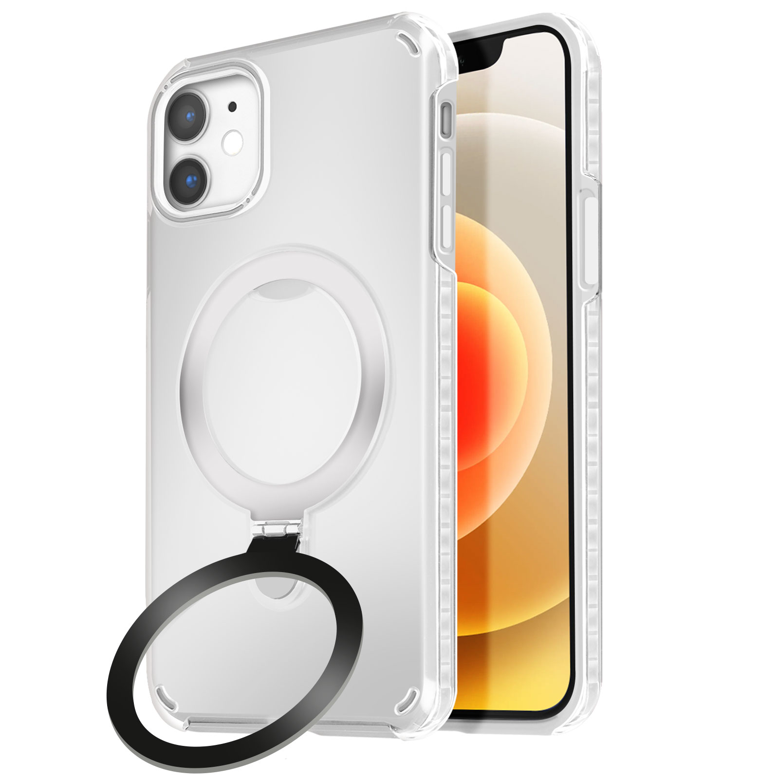 Custodia trasparente con anello e un iPhone dentro.