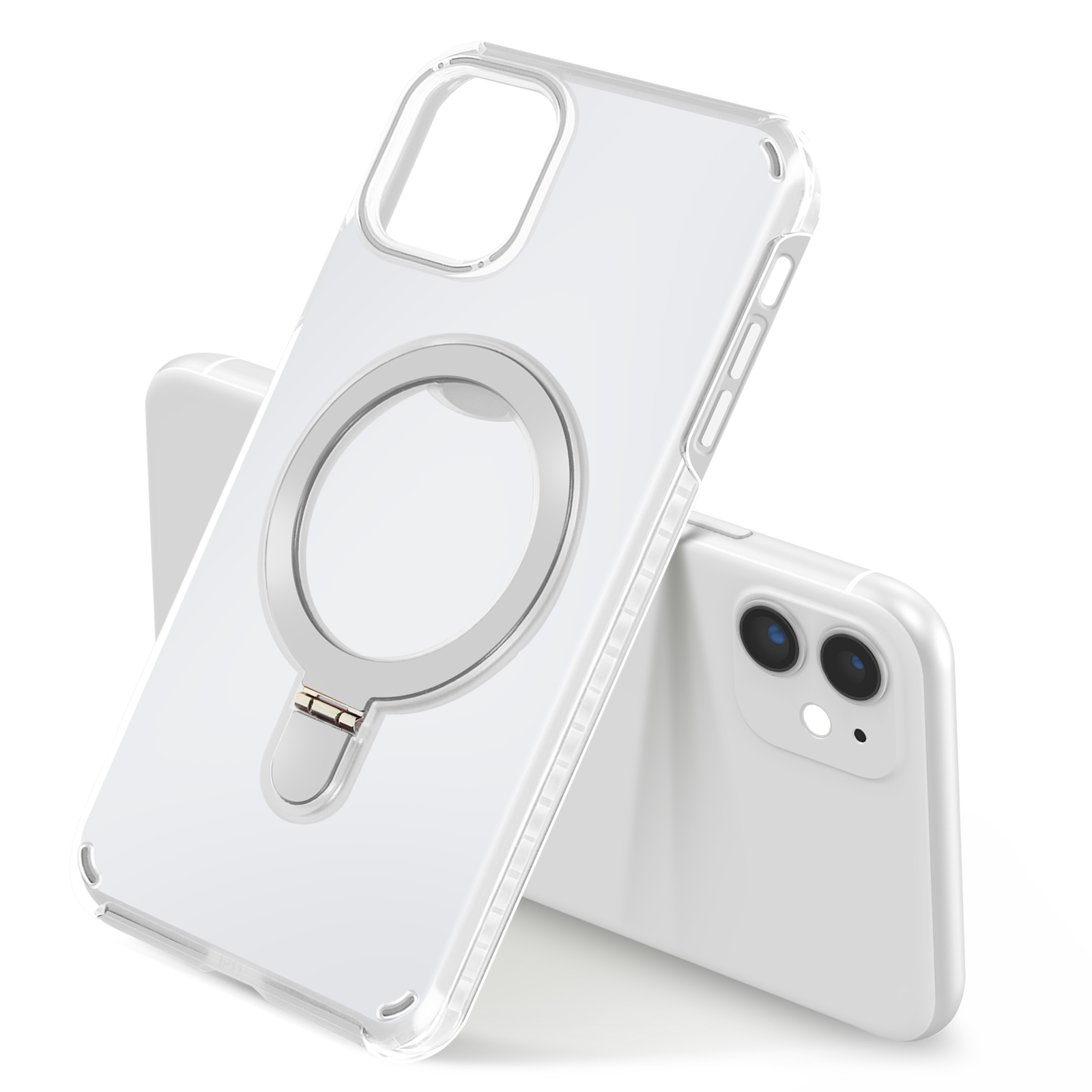 Custodia trasparente con iPhone, anello e sfondo bianco.