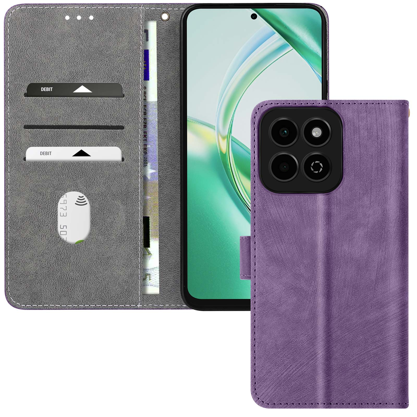 Lila Leder-Wallet-Handyhülle, mit Telefon und Kartenfächern.