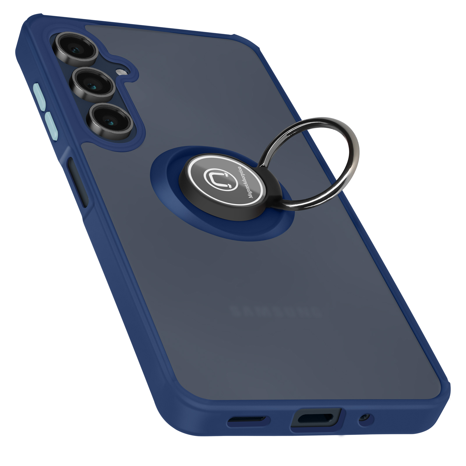 Custodia blu e trasparente per telefono con supporto ad anello. Il telefono è visibile.
