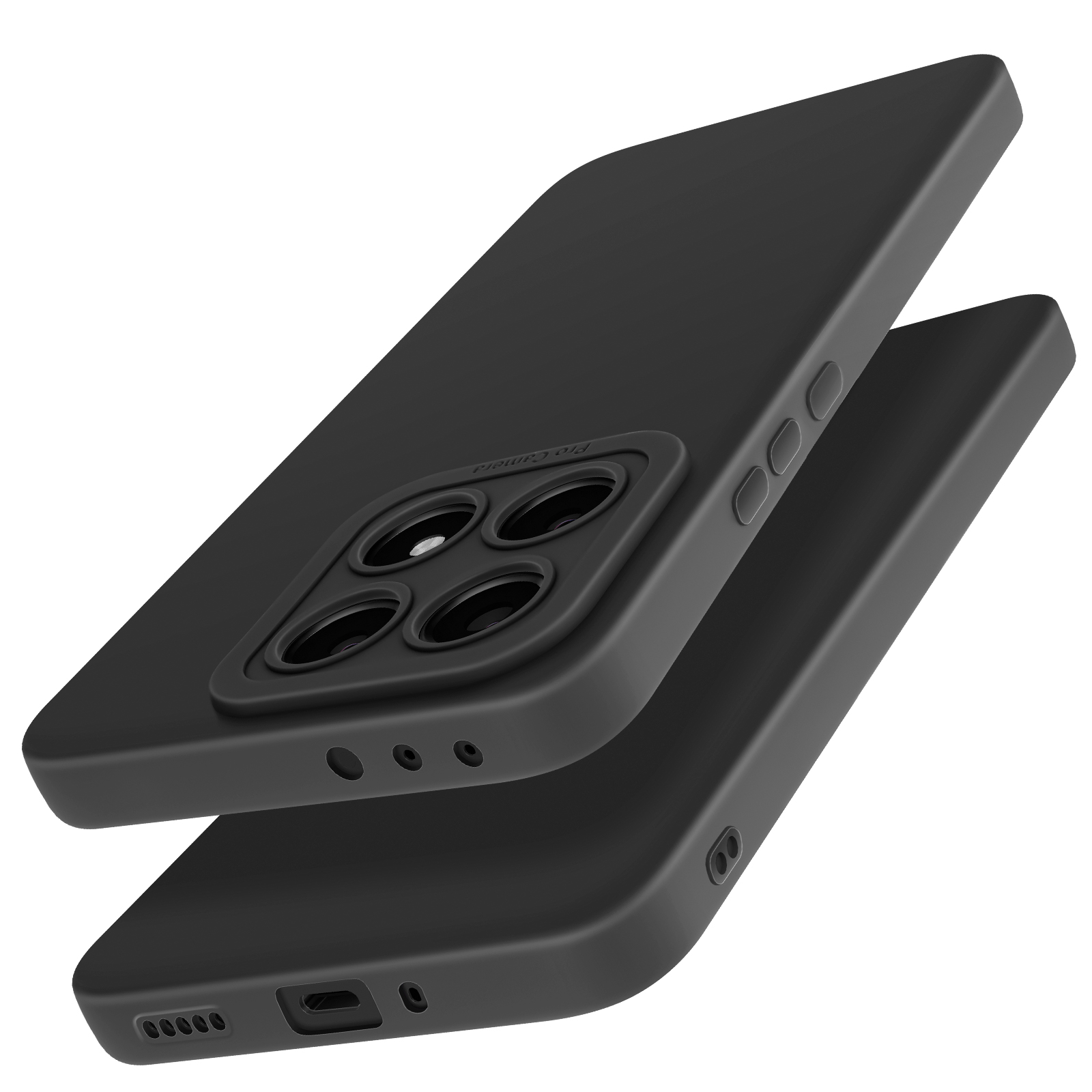 Due custodie nere per telefono, una sopra l'altra, con ritaglio per fotocamera e pulsanti laterali.