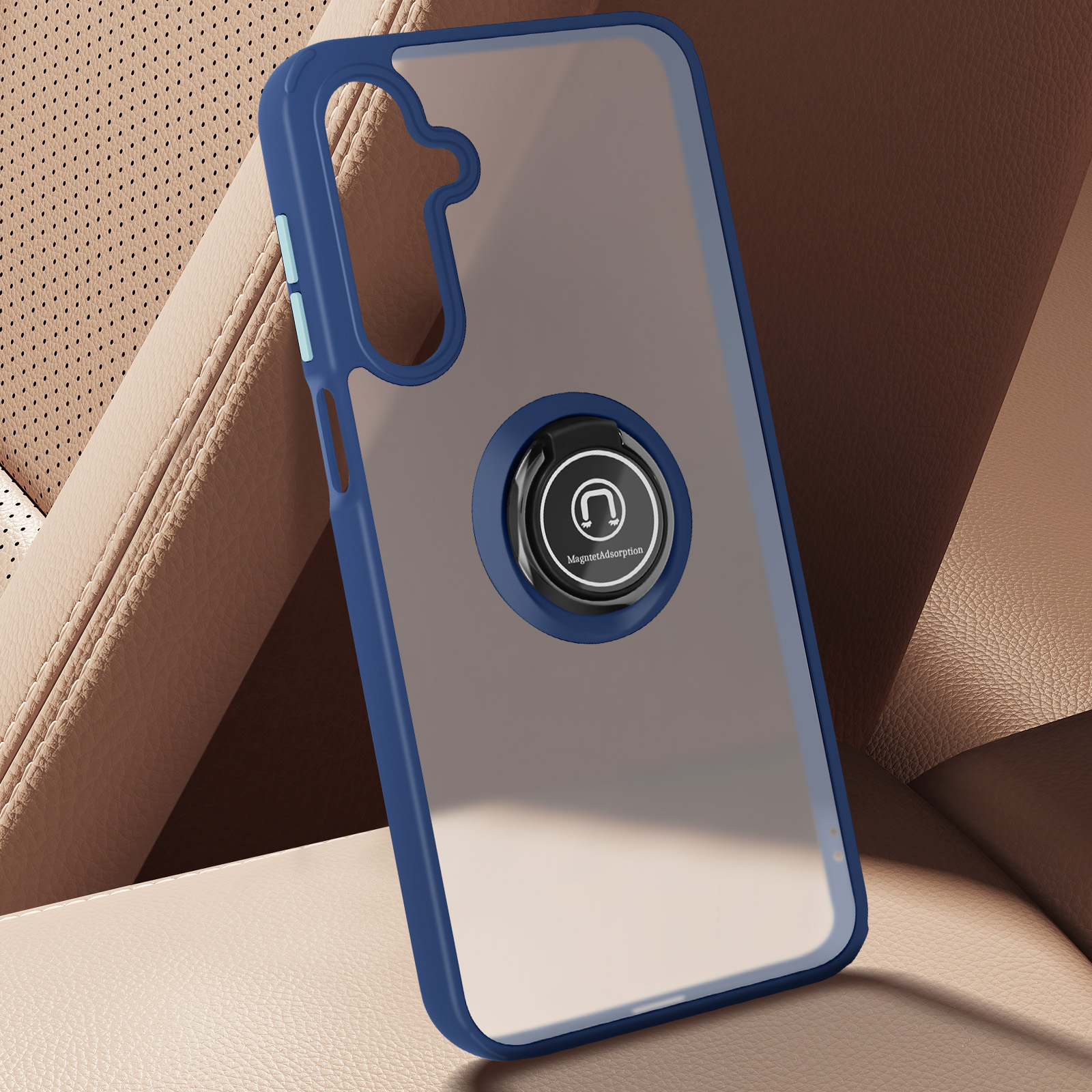 Custodia blu e trasparente con supporto ad anello, su un sedile auto. Il telefono è visibile.