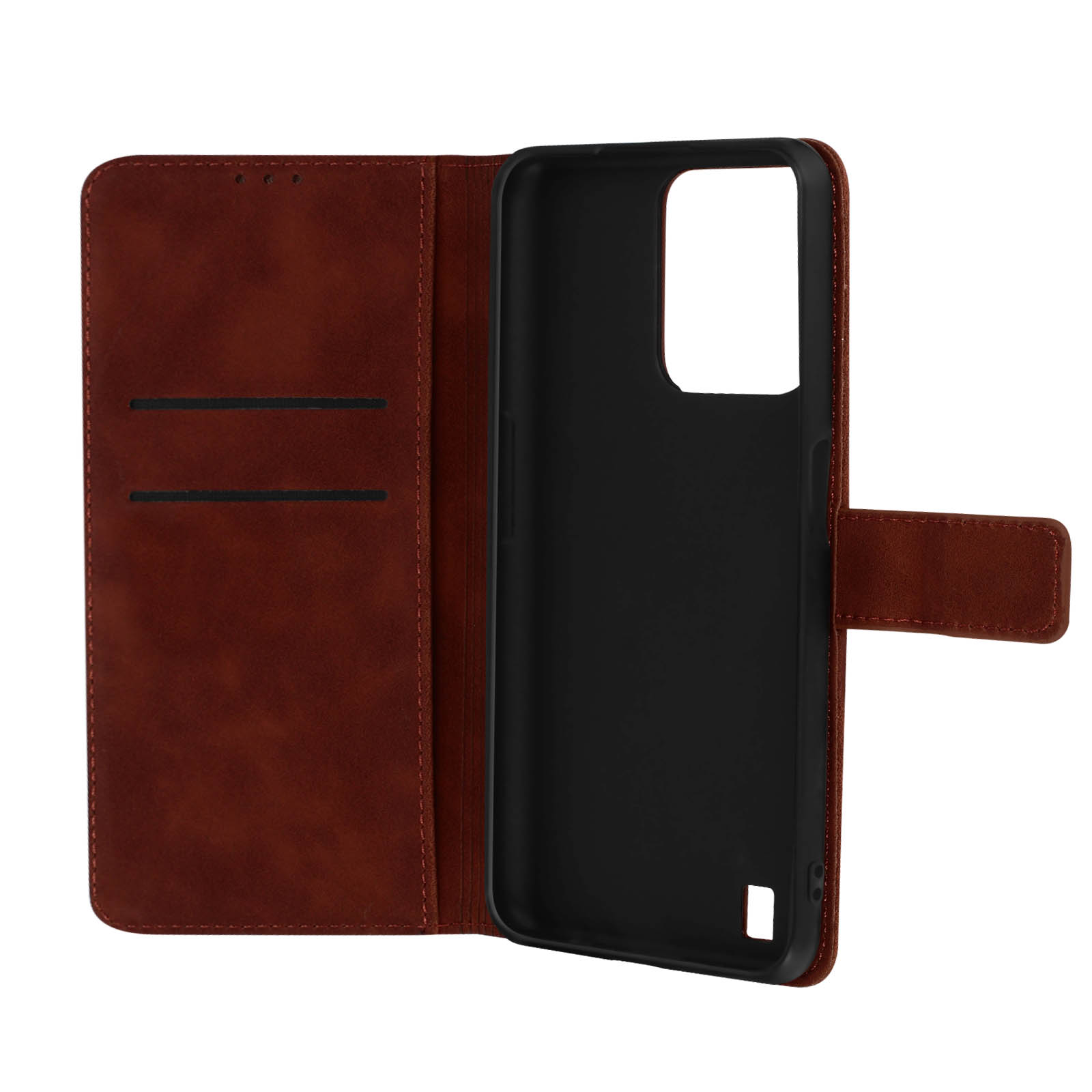 Custodia in pelle marrone, aperta, con telefono all'interno. La custodia ha fessure per carte.