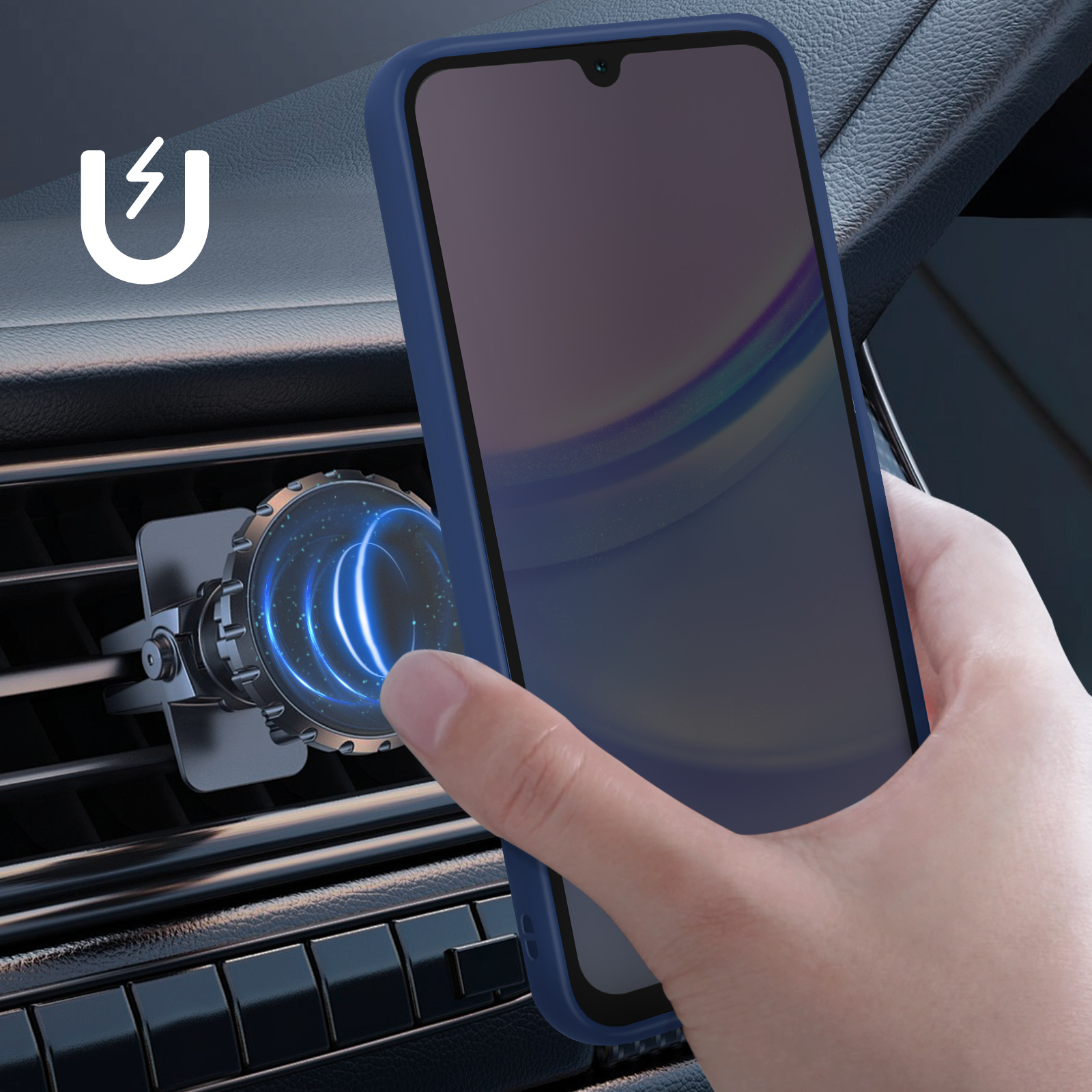 Una mano che tiene un telefono collegato a un supporto per bocchetta dell'auto. Telefono e supporto blu scuro.
