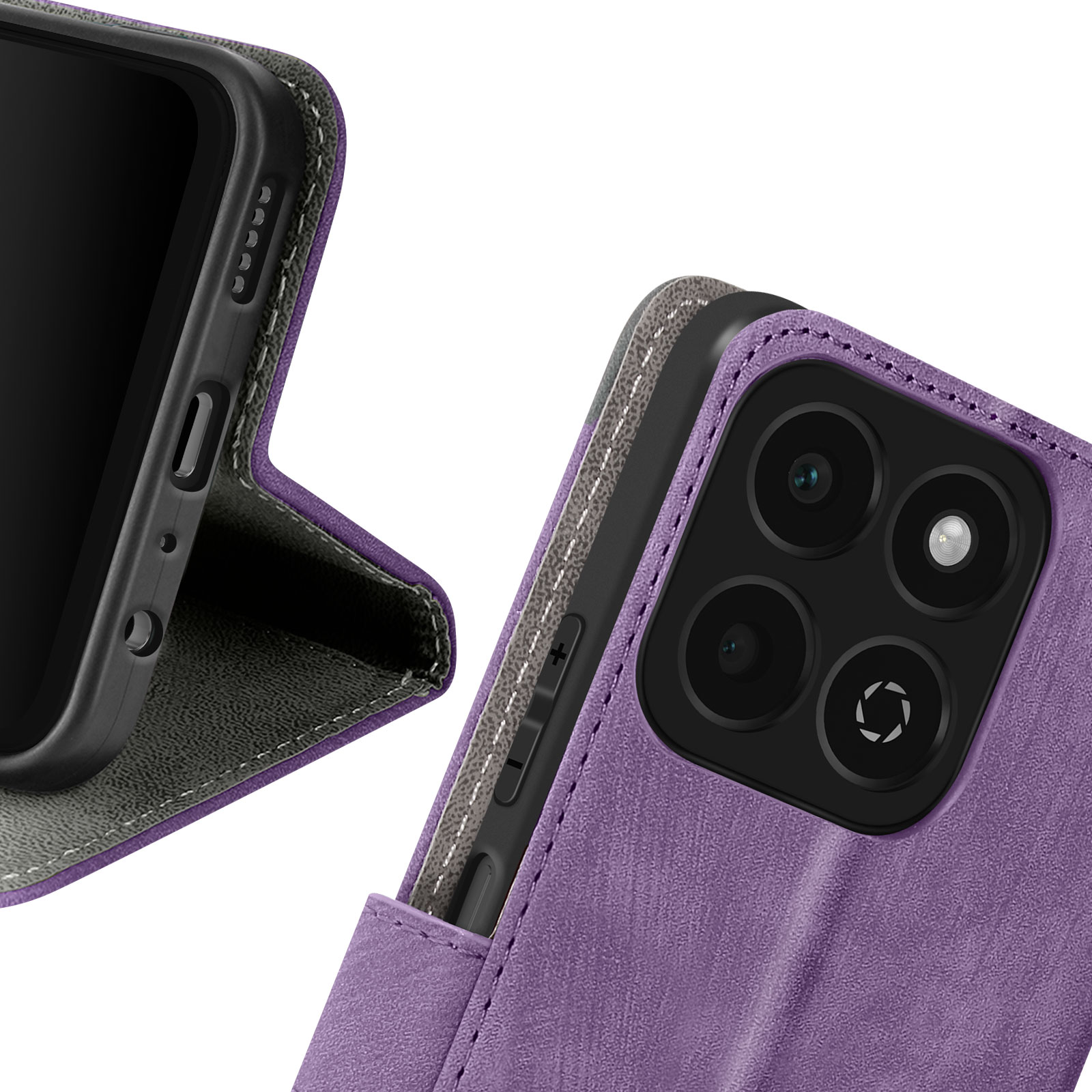 Lila Leder-Handyhülle, offen, mit Telefon darin. Die Hülle hat Kameraausschnitte.