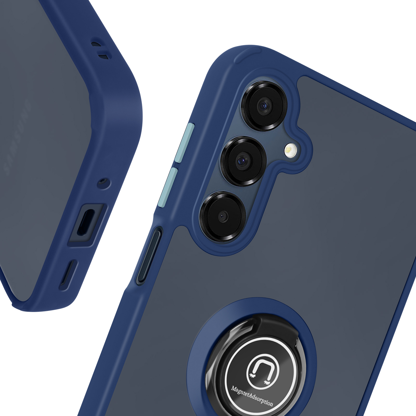 Primo piano di una custodia blu con supporto ad anello e un telefono con triplo obiettivo.