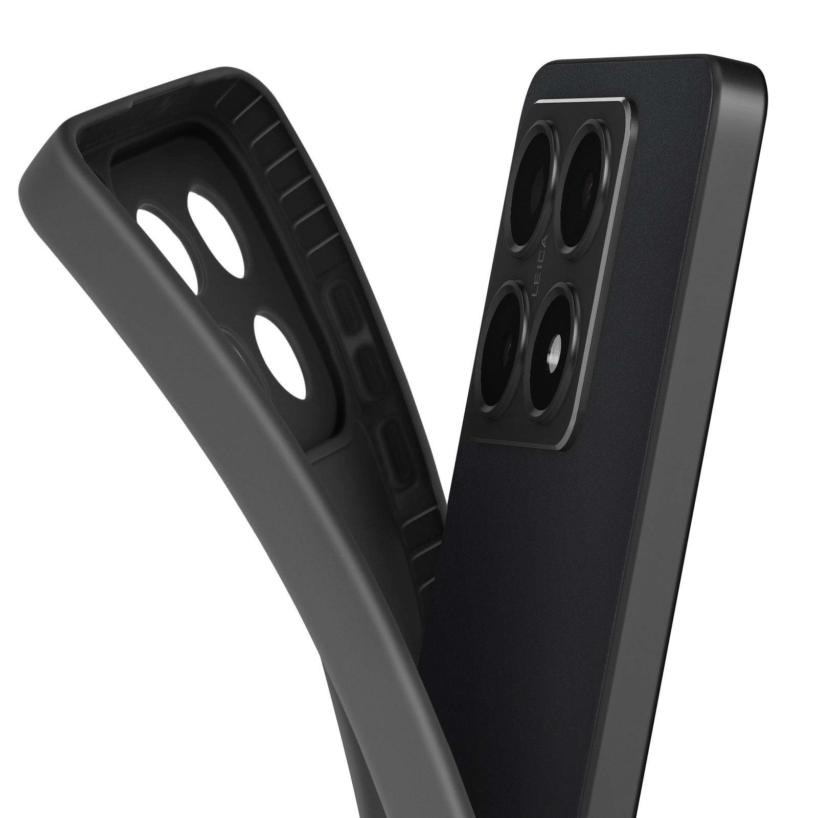 Custodia nera per telefono rimossa da un telefono. La parte posteriore del telefono ha obiettivi.
