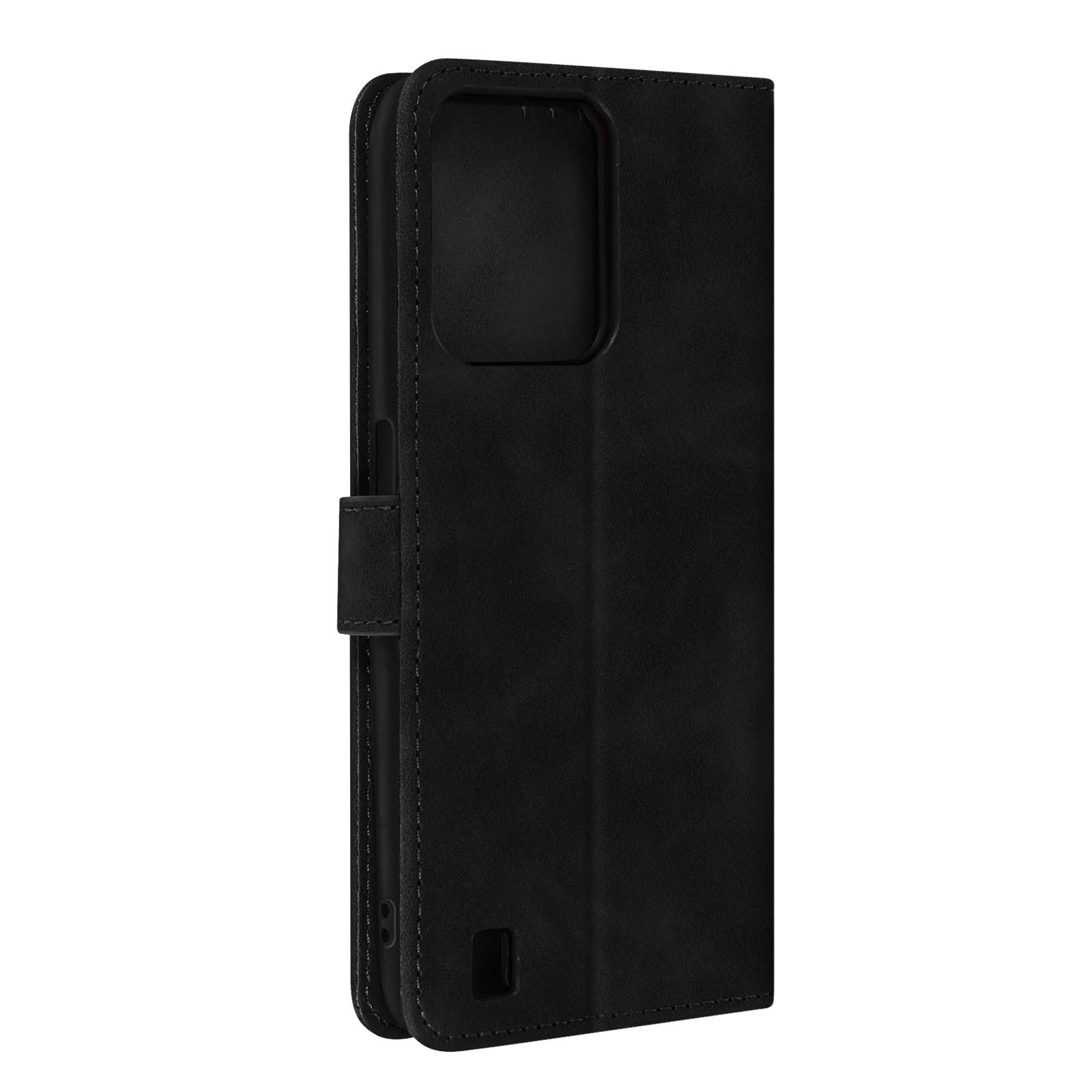 Custodia nera per telefono, chiusa, con un telefono all'interno. Ha una chiusura magnetica.