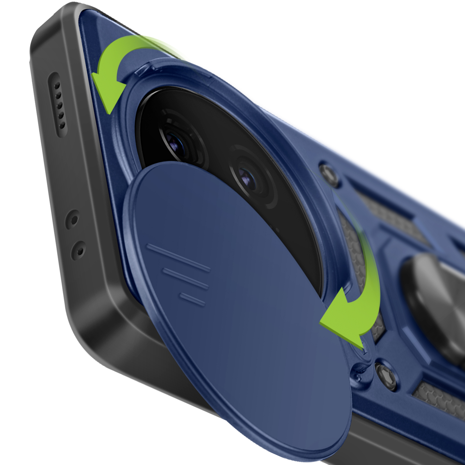 Custodia blu scuro, la copertura della fotocamera si apre con frecce verdi che indicano la direzione.