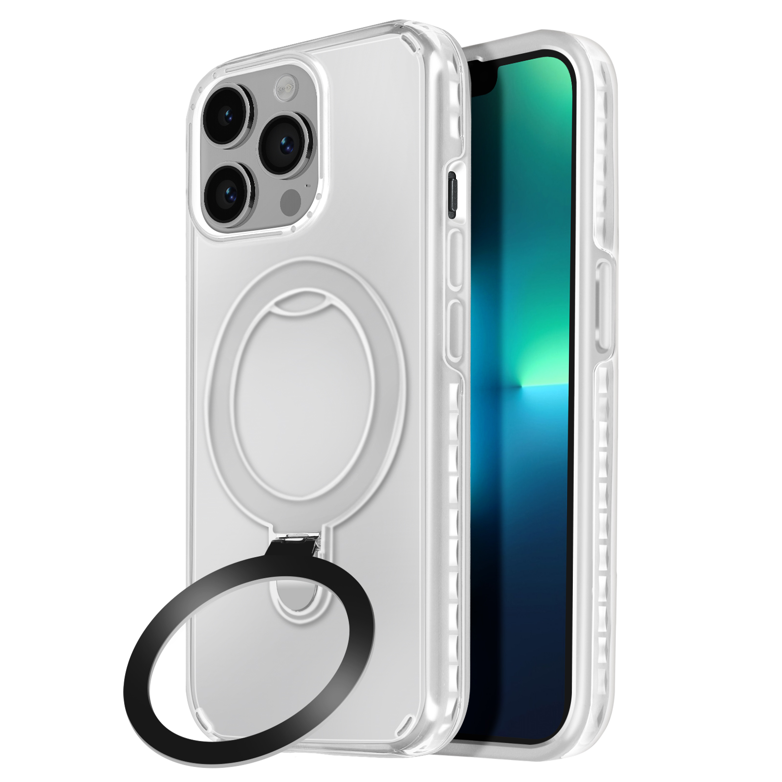 Custodia trasparente con supporto ad anello, vista laterale. Telefono all'interno. Sfondo bianco.