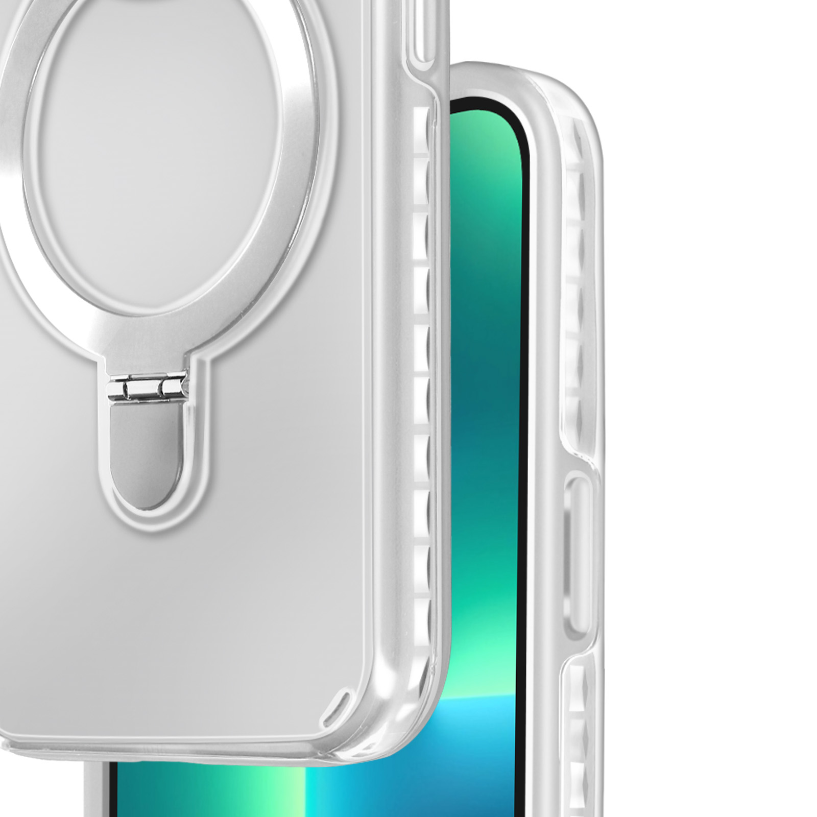 Custodia trasparente con anello magnetico. Schermo verde visibile. Sfondo bianco.