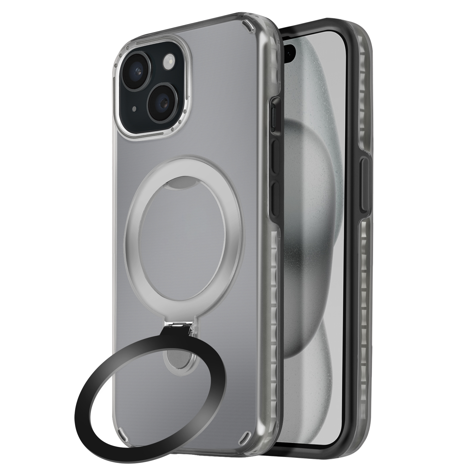 Custodia trasparente con anello magnetico. Anello nero, telefono grigio. Sfondo bianco.