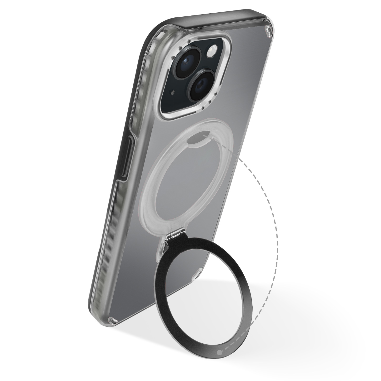 Custodia trasparente con anello magnetico, l'anello è aperto. Sfondo bianco.