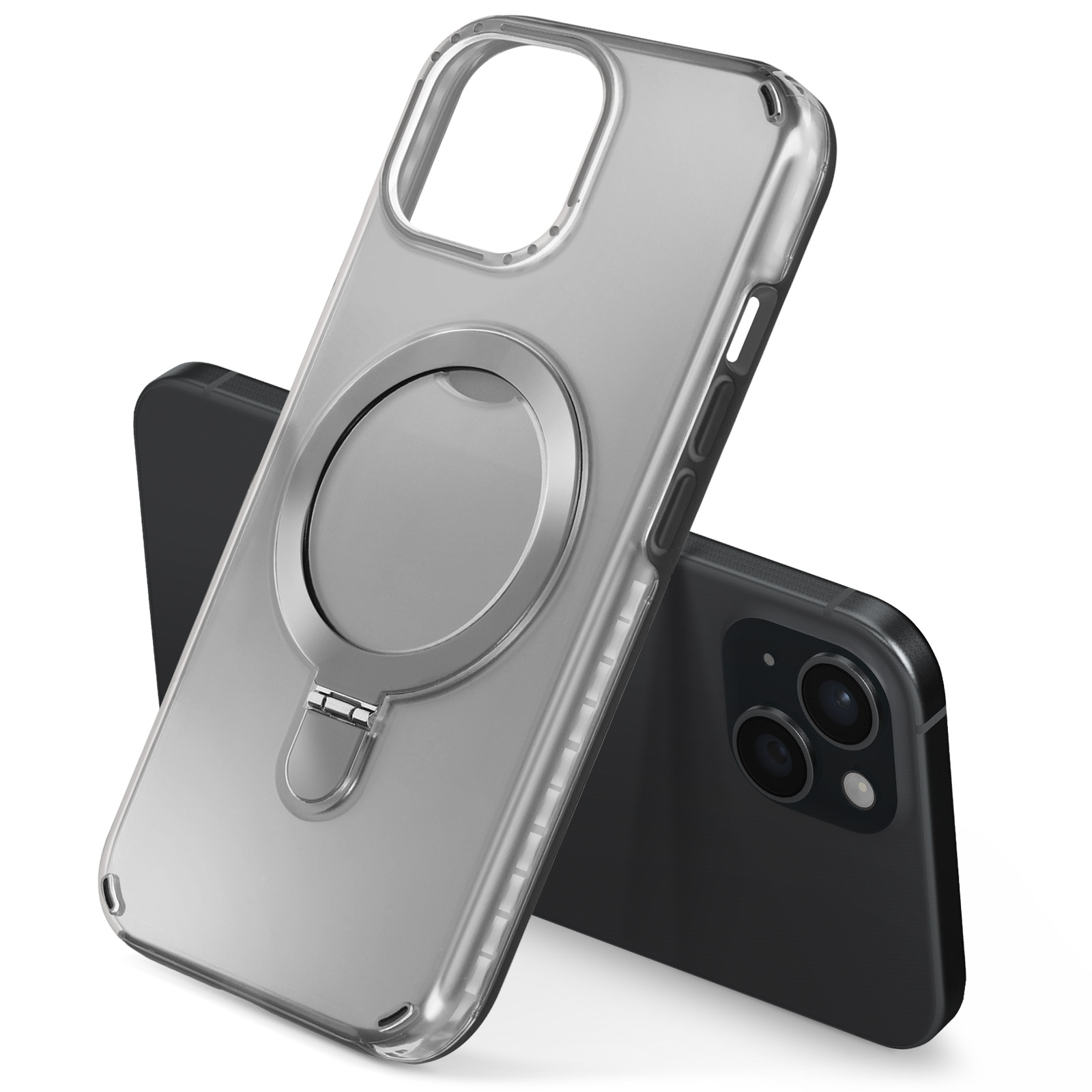 Custodia trasparente con anello magnetico e telefono nero. Sfondo bianco.