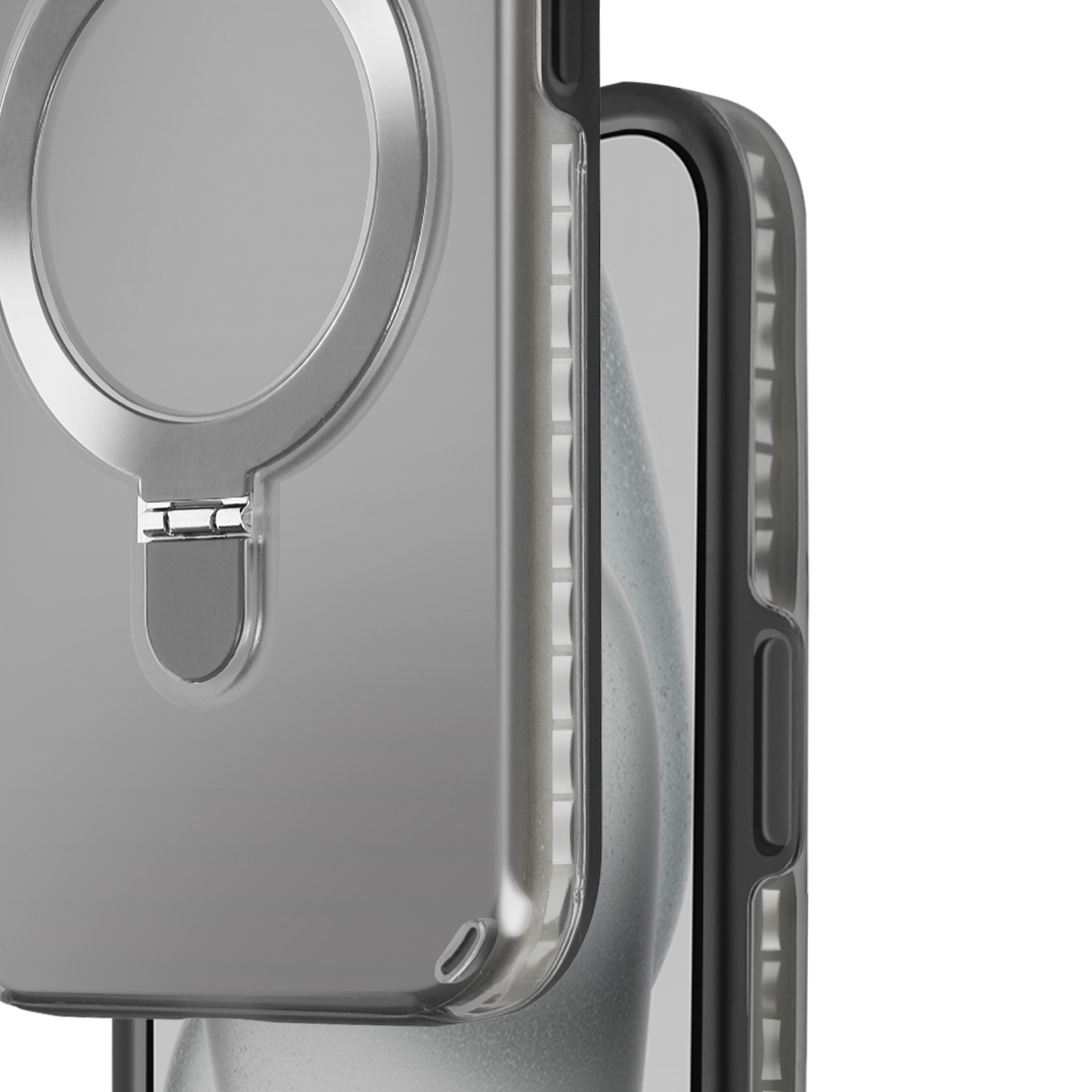 Custodia trasparente con anello magnetico. Telefono grigio. Sfondo bianco.