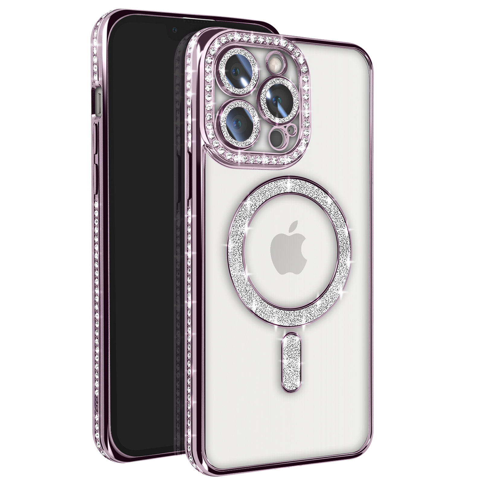 Custodia per telefono con strass. Telefono bianco. Sfondo bianco.