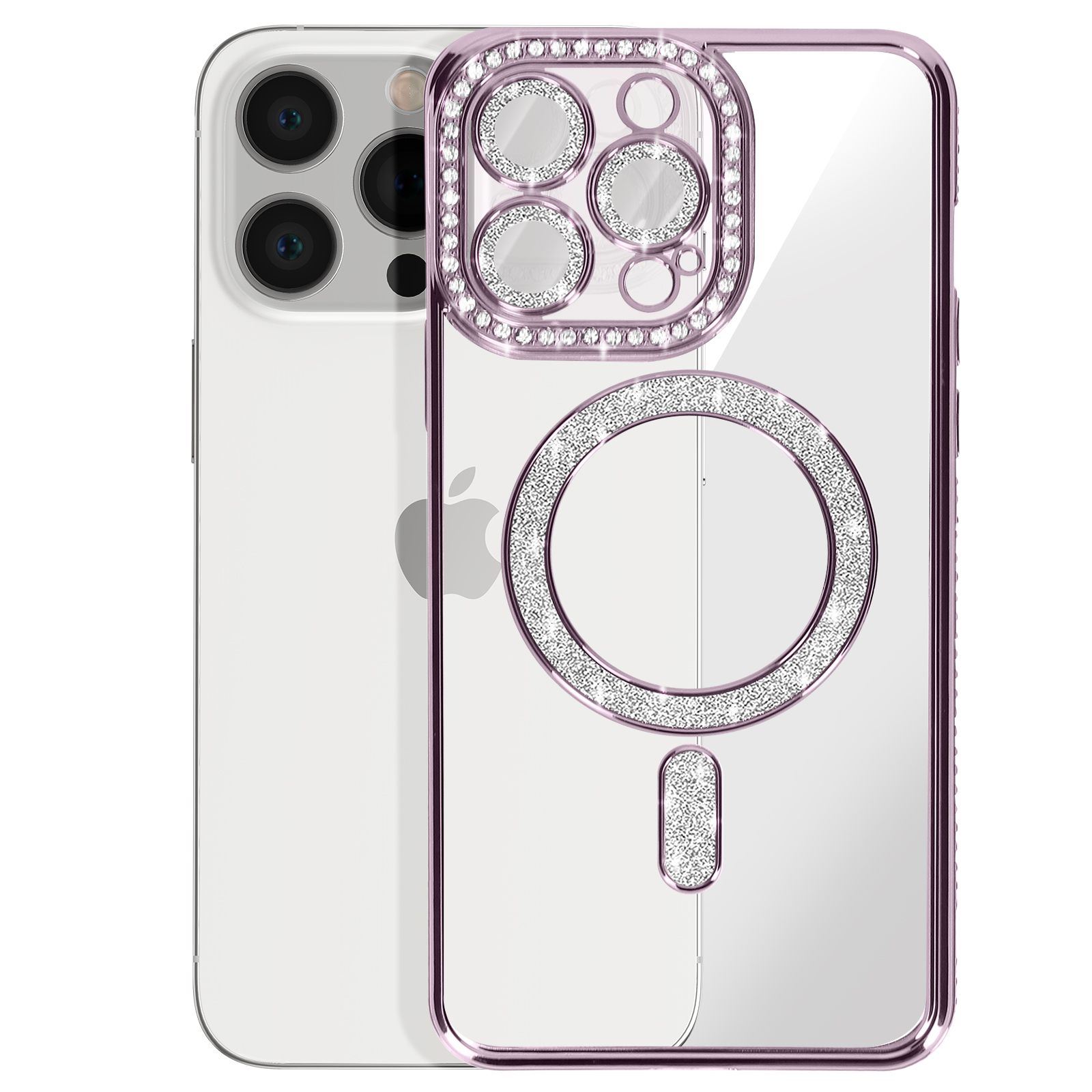 Custodia per telefono con strass. Telefono bianco. Sfondo bianco.