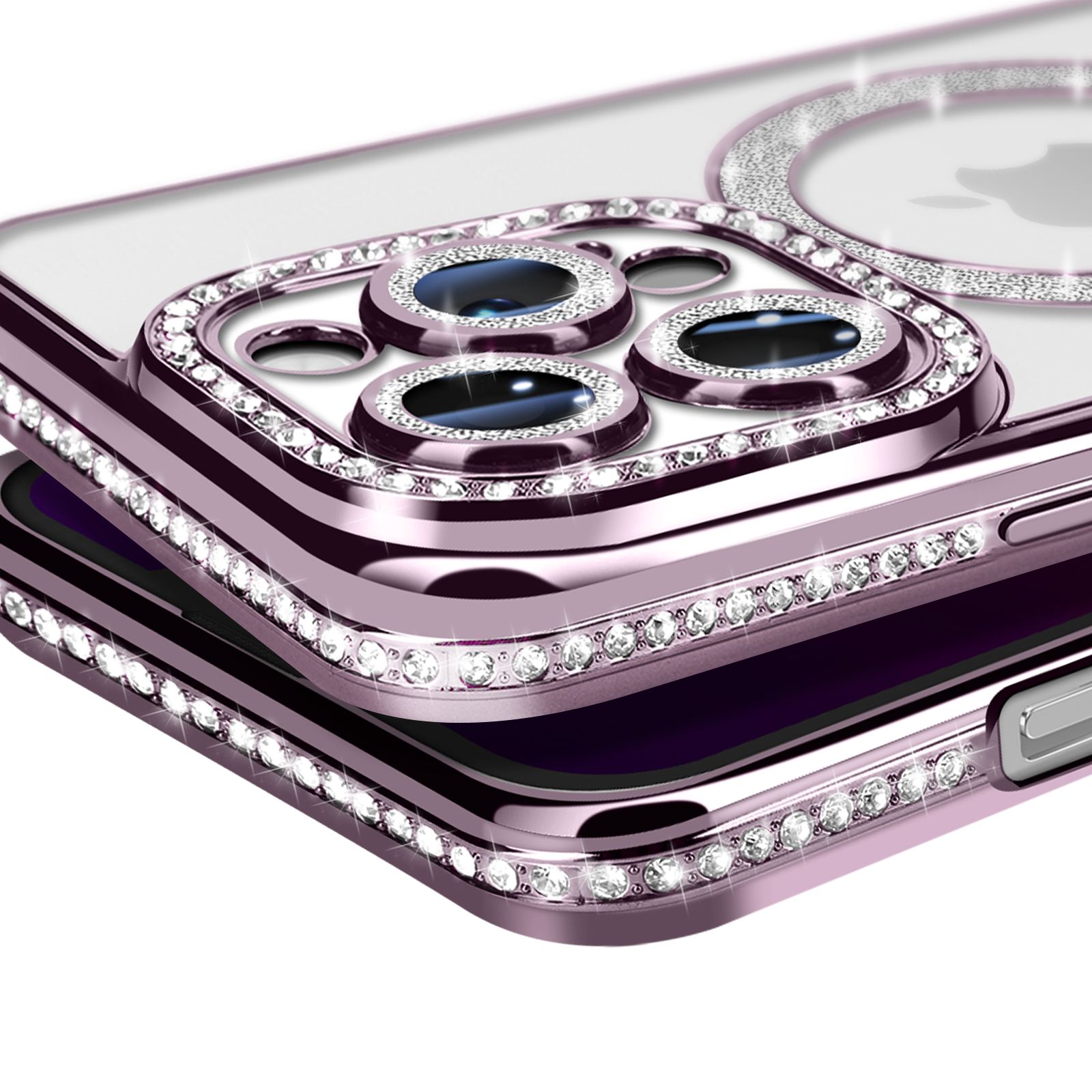 Primo piano di una custodia per telefono con strass. Sfondo bianco.