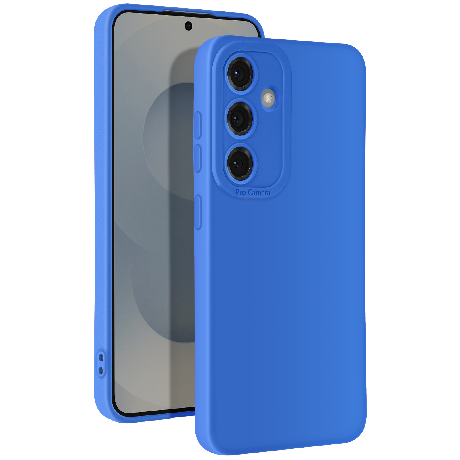 Custodia blu per telefono su sfondo bianco, con telefono a sinistra.