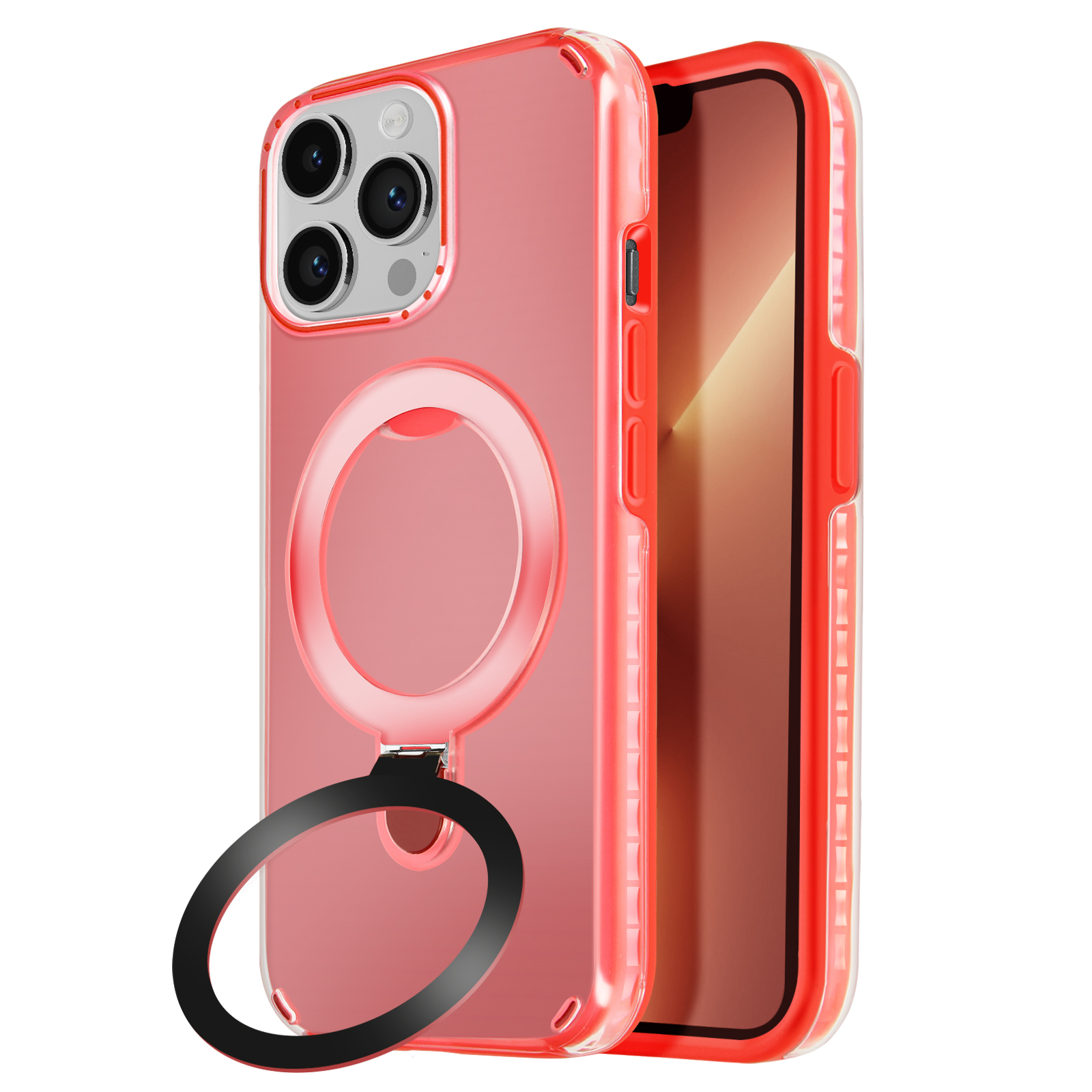 Custodia rossa con anello di supporto nero, telefono all'interno.