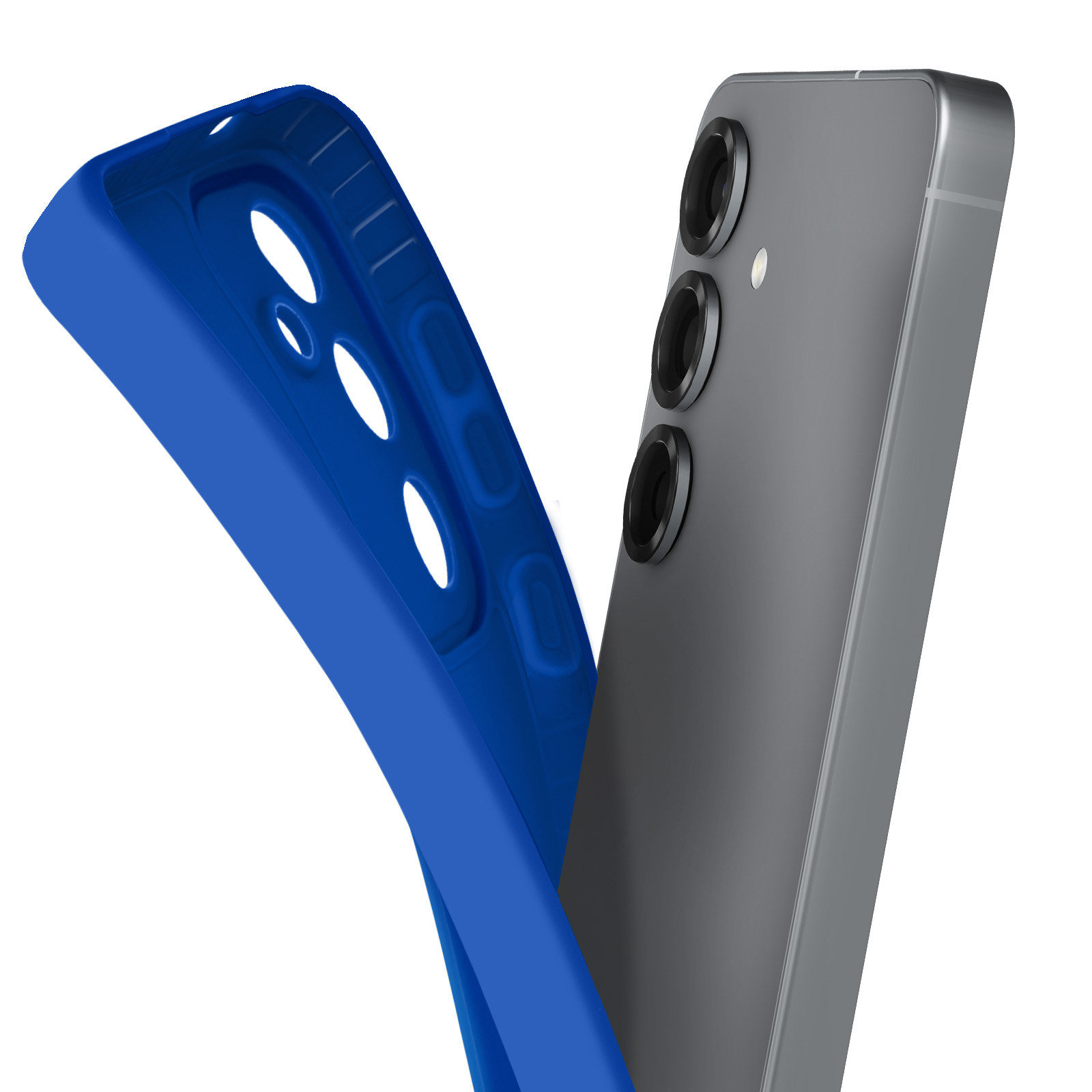 Custodia blu e telefono grigio, che mostra la fotocamera e la custodia separate.