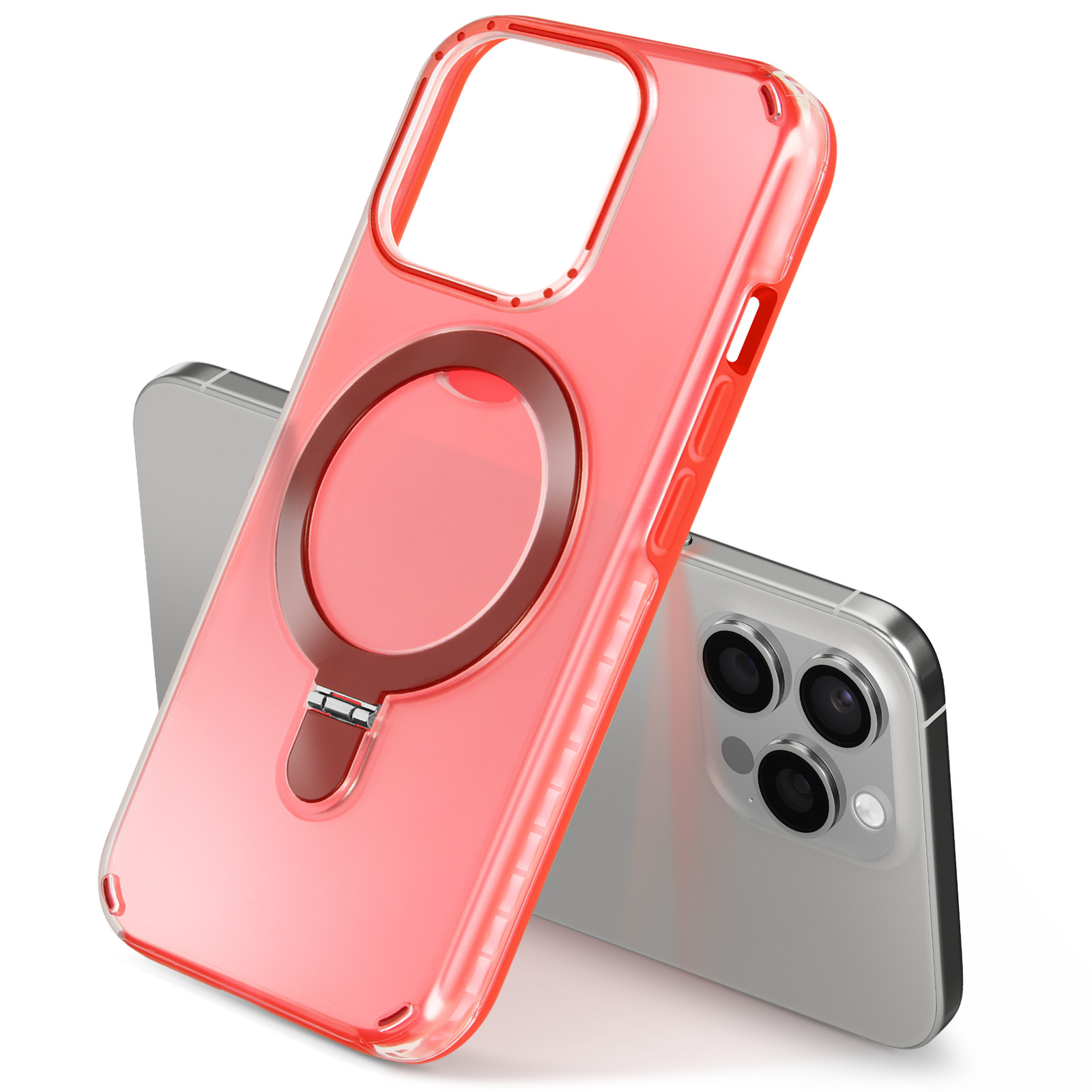 Custodia rossa per telefono con supporto ad anello magnetico e telefono dietro.