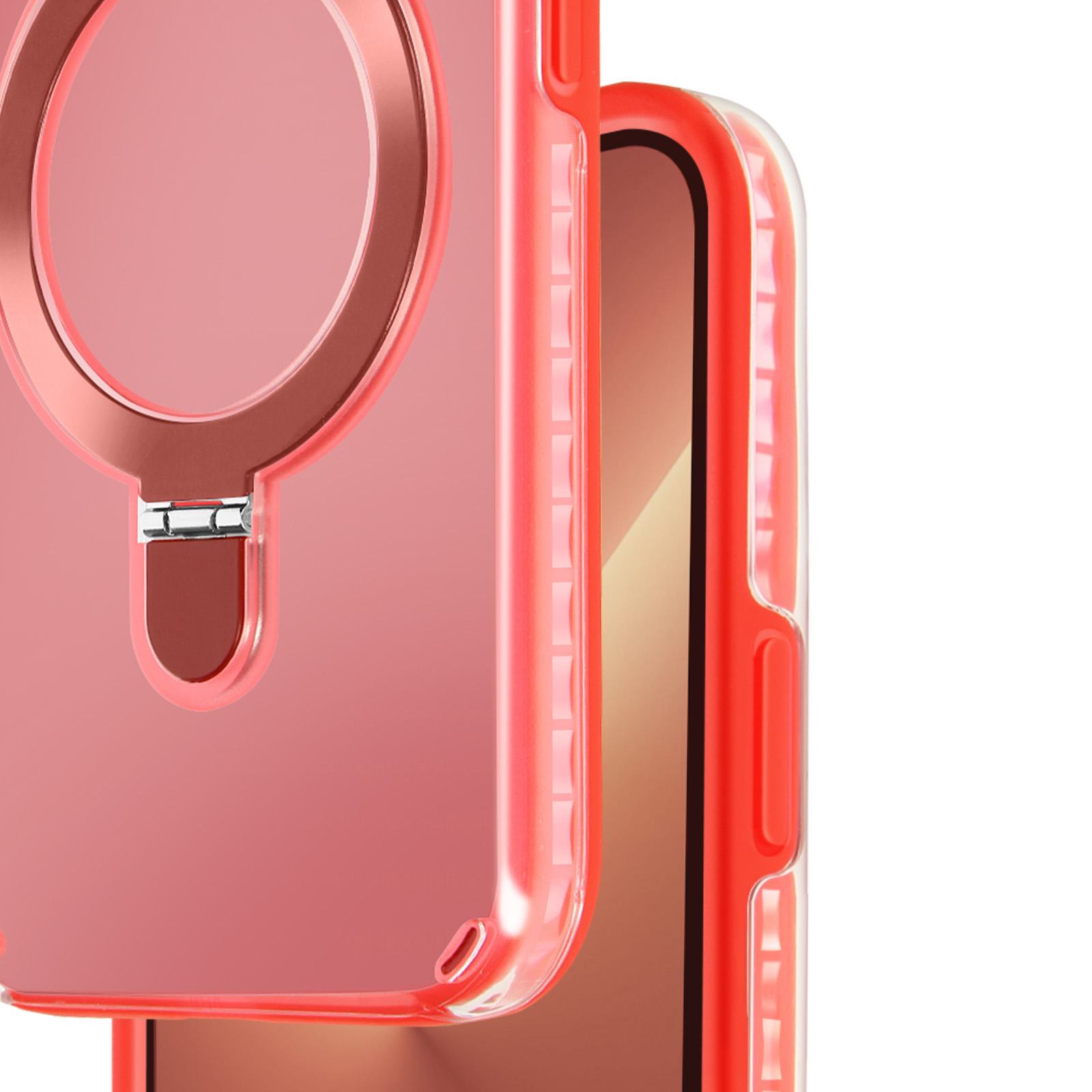 Primo piano di una custodia rossa, che mostra il lato del telefono.